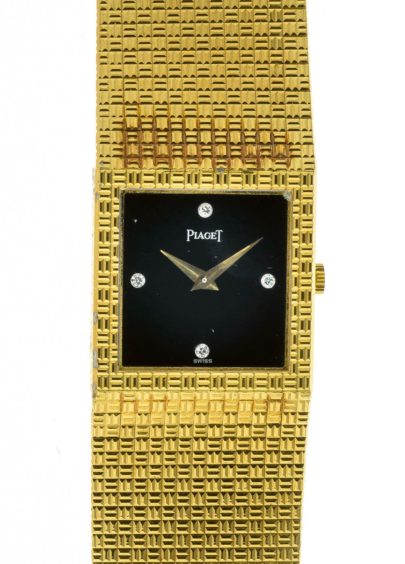 Null PIAGET - 金色女士腕表 - 黑色背景矩形表盘 - 明亮的时标 - 剑形指针 - 丝带表带 - 机械机芯 - 签名和编号 - 毛重：102.1克
