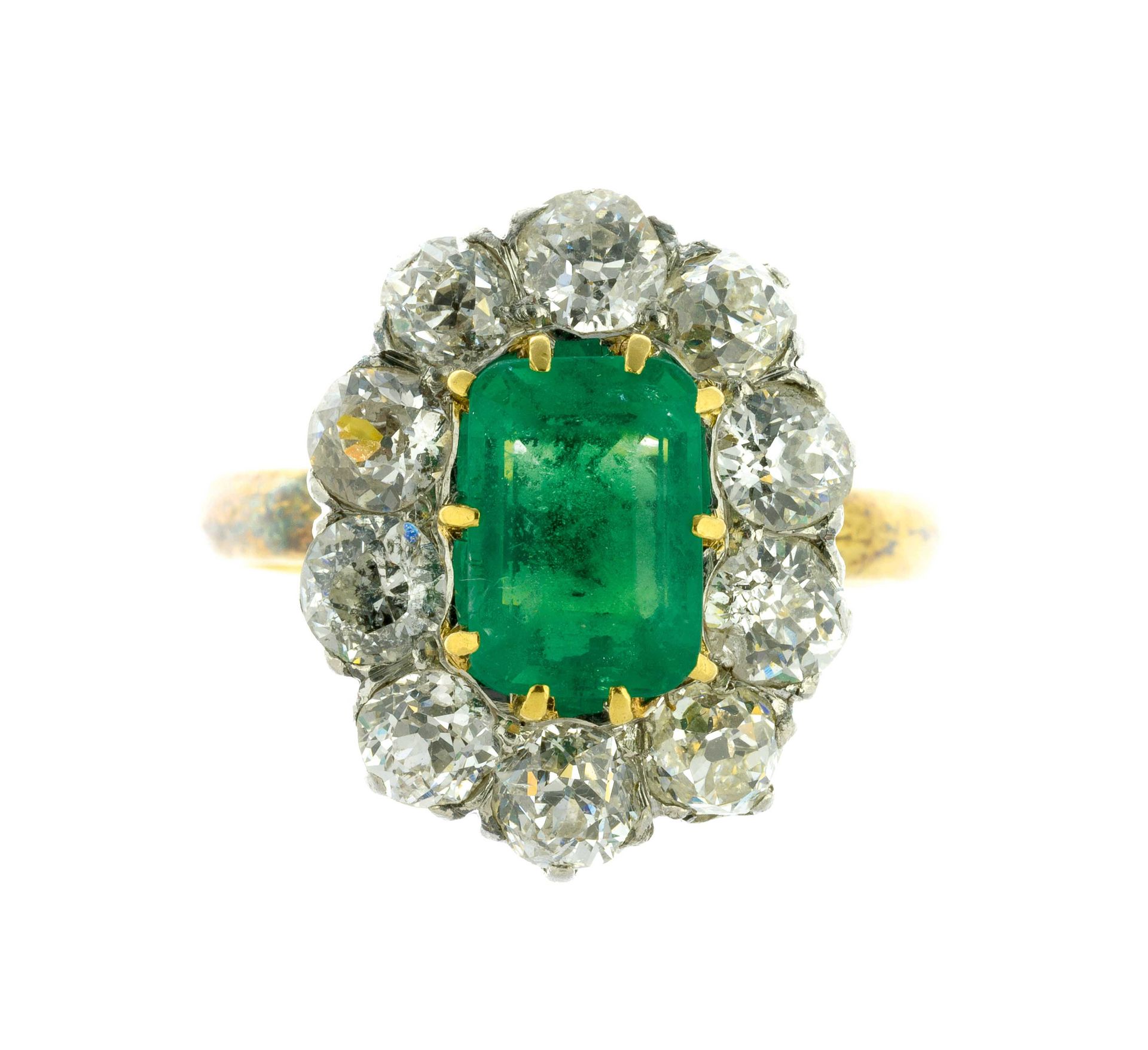 Null 蓬巴杜黄金戒指，以一颗约1.20克拉的祖母绿为中心，镶嵌在总重约1.20克拉的钻石上 - 毛重：7.2克