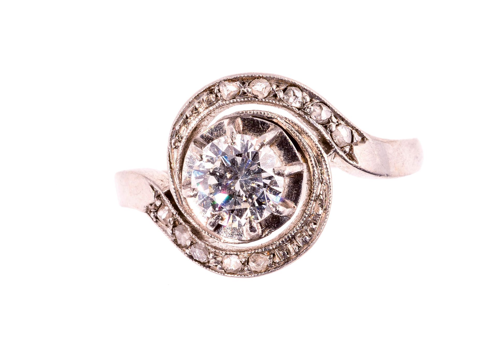Null 镶嵌钻石的铂金陀飞轮戒指，中央标定约0.65克拉 - 总重量：4.6克