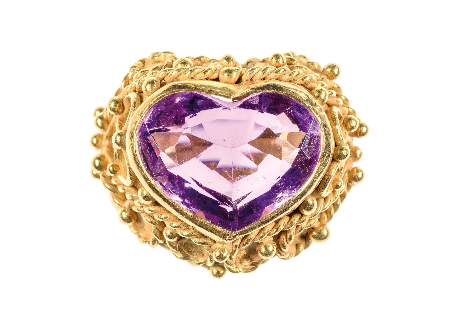 Null 镂空金戒指，绳索装饰，以大的心形切割紫水晶为中心 - 毛重：9克