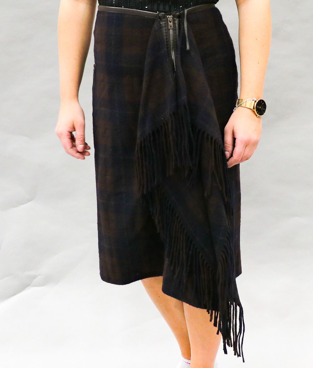 Null HERMES - Skirt in cashmere and silk tartan with brown leather piping - Size&hellip;
