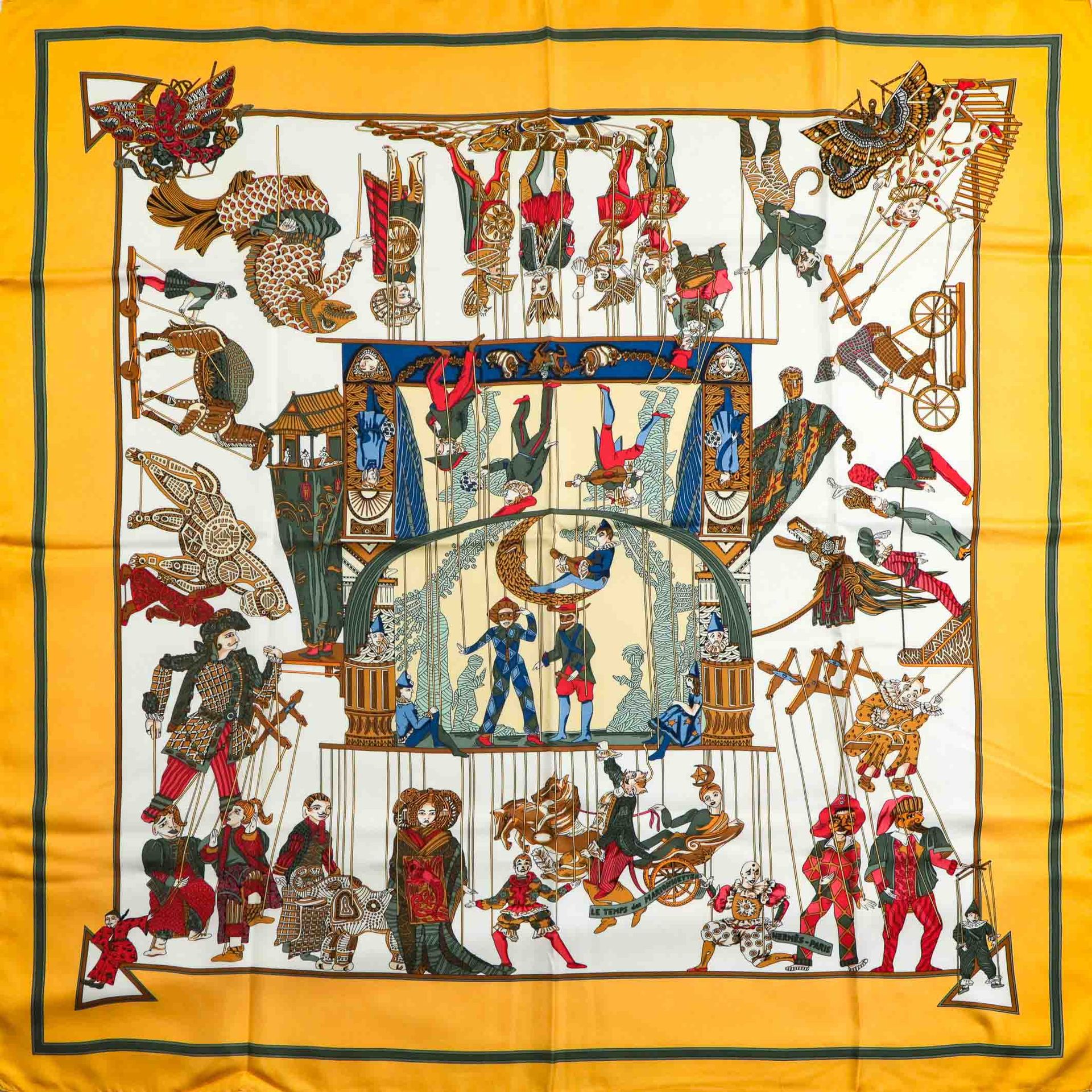 Null HERMES - Printed silk square titled "Le temps des marionnettes" - Ochre bor&hellip;