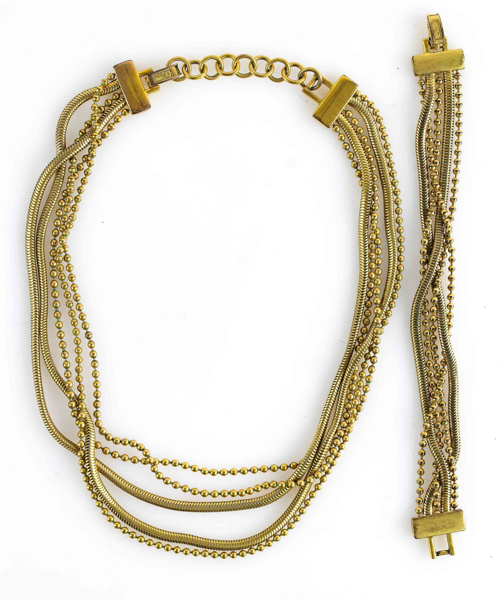 Null Christian DIOR - 镀金金属珍珠链和管状物套装，包括一条项链和一个手镯 - 已签名