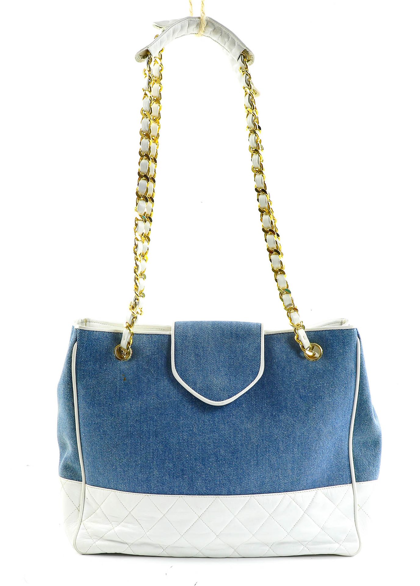 Null CHANEL - Sac en jean ou denim bleu et cuir matelassé blanc - Fermeture lang&hellip;