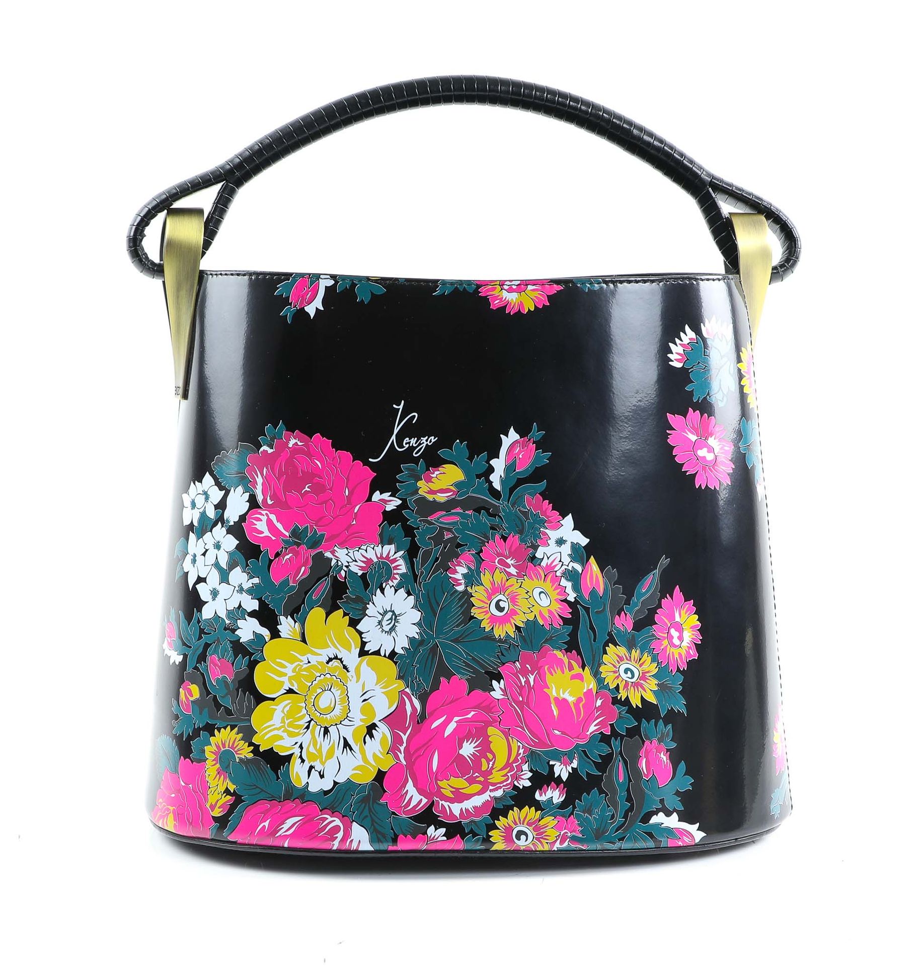 Null KENZO - Pagoda bucket bag in black leather with floral design - Sliding lin&hellip;