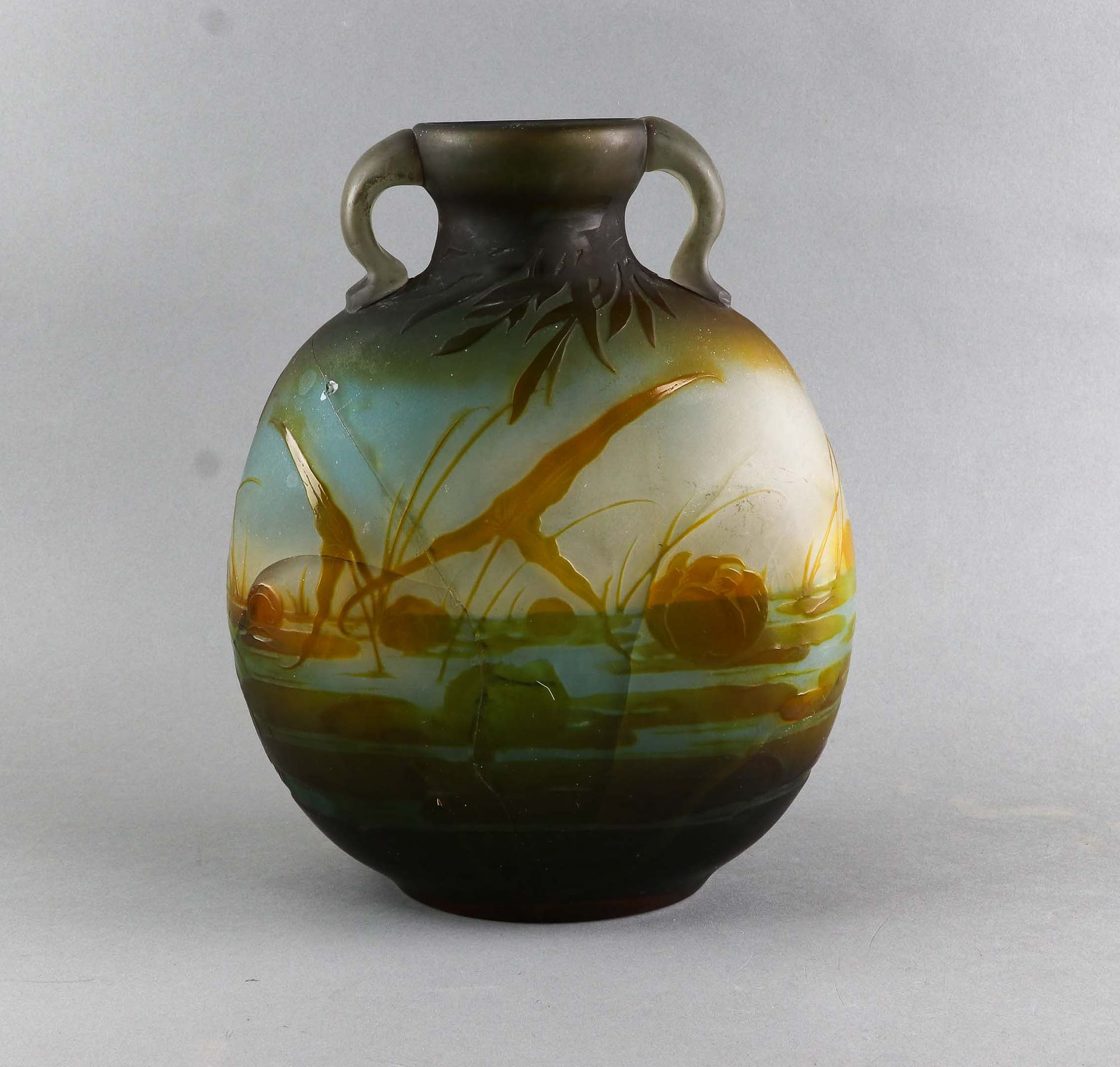 Null GALLE - 南锡 - 双层玻璃花瓶，球形和扁形，有两个握柄，适用于热 - "称为葫芦" - 有翠鸟和沼泽景观（sagittaries，睡莲，cal&hellip;