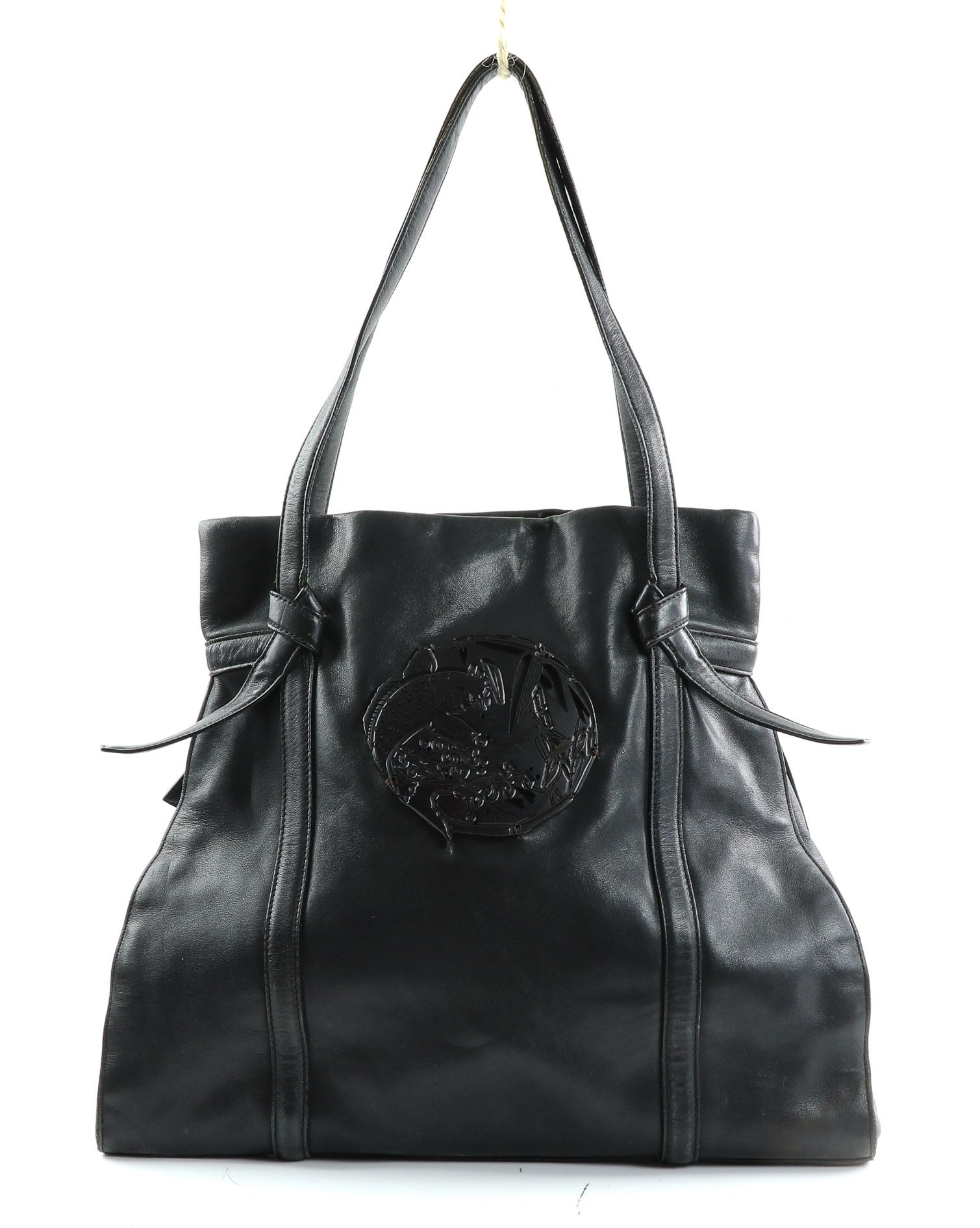 Null KENZO - Black leather bag with a wooden plaque and carp - Double handle
