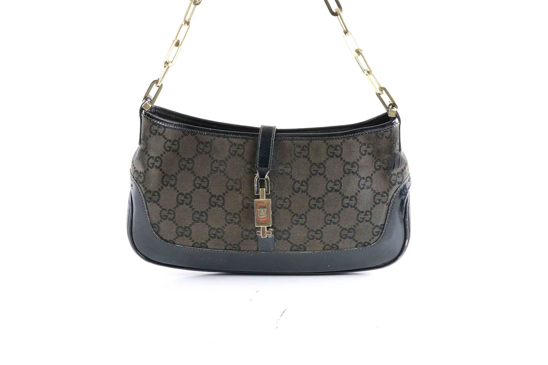 Null GUCCI - "Jacky O" bag in monogrammed canvas and black patent - Gold plated &hellip;