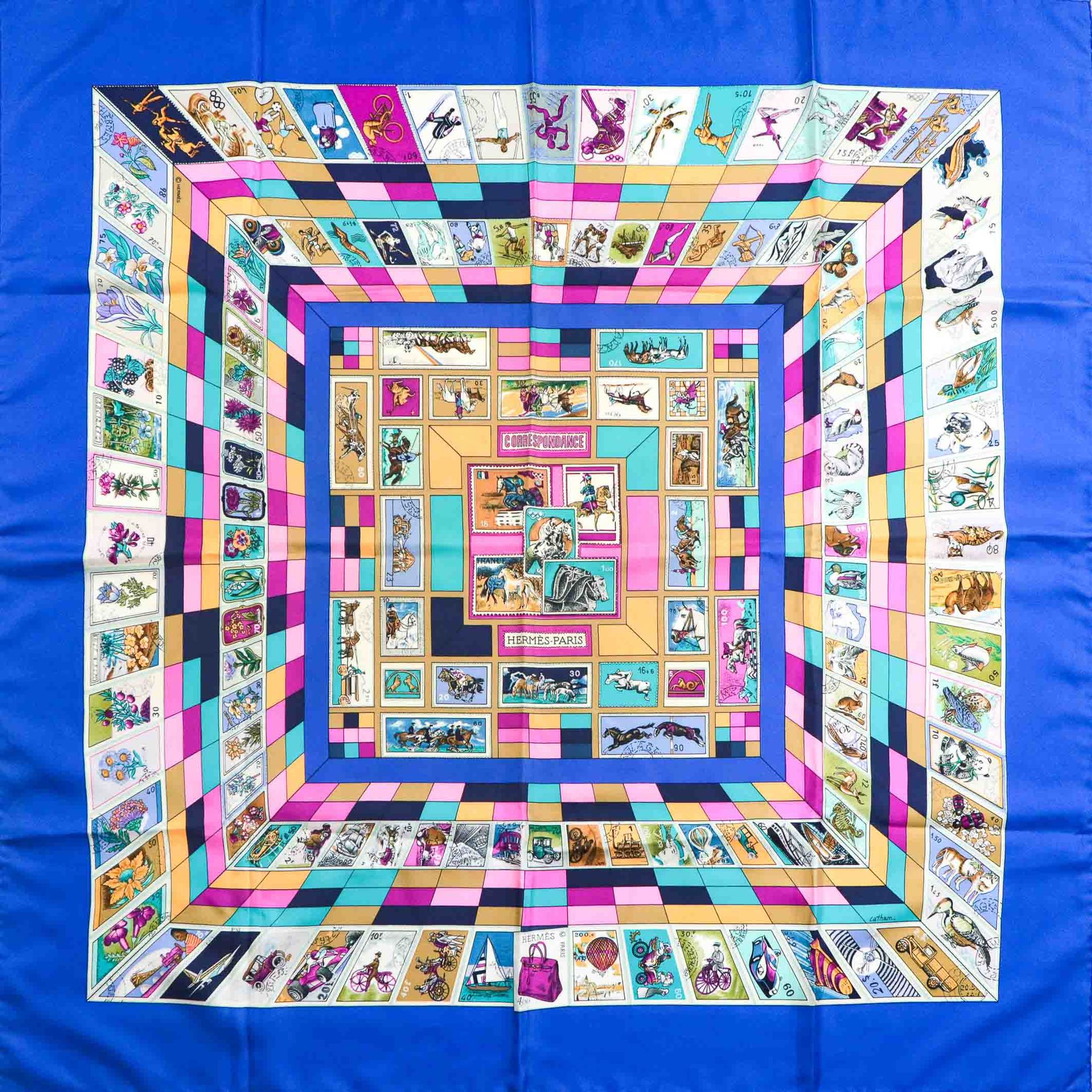 Null HERMES - Printed silk square titled "Correspondence" signed Latham