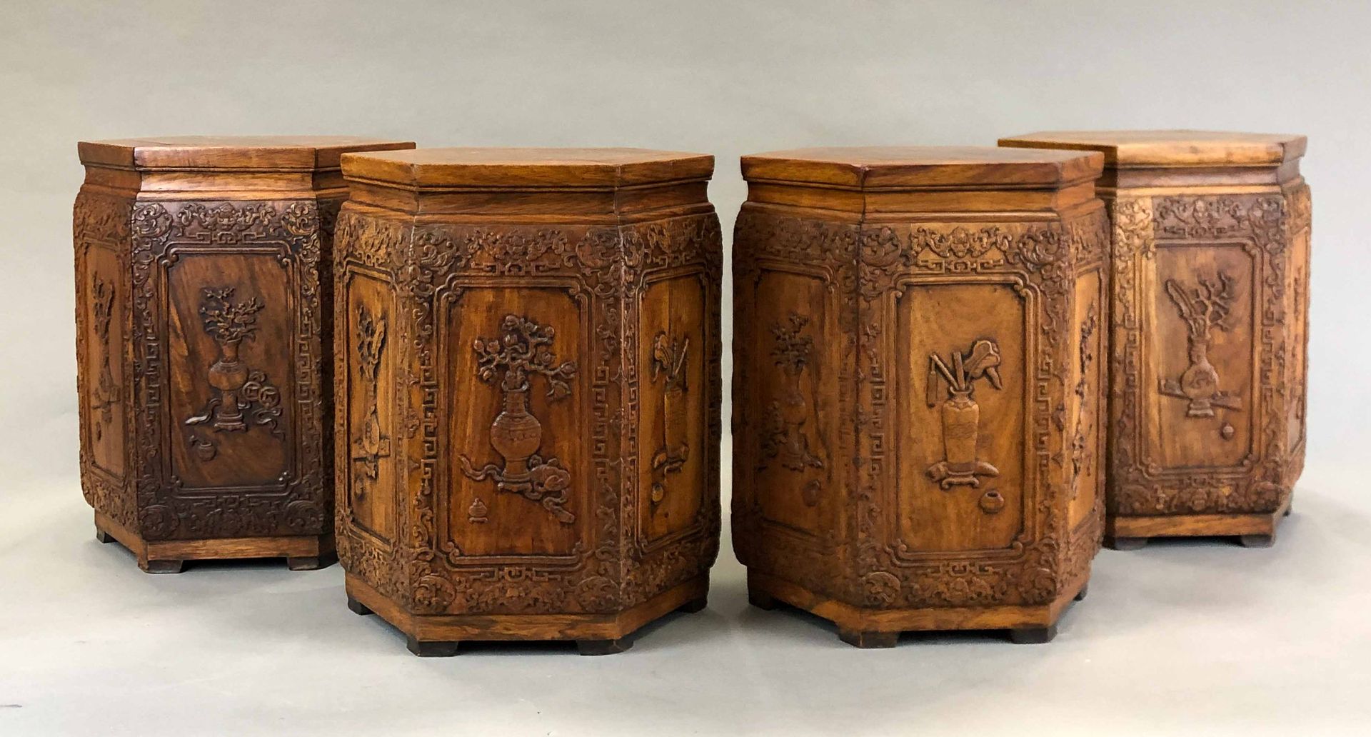 Null Set of four (4) carved wooden stools, possibly huanghuali, octagonal in sha&hellip;