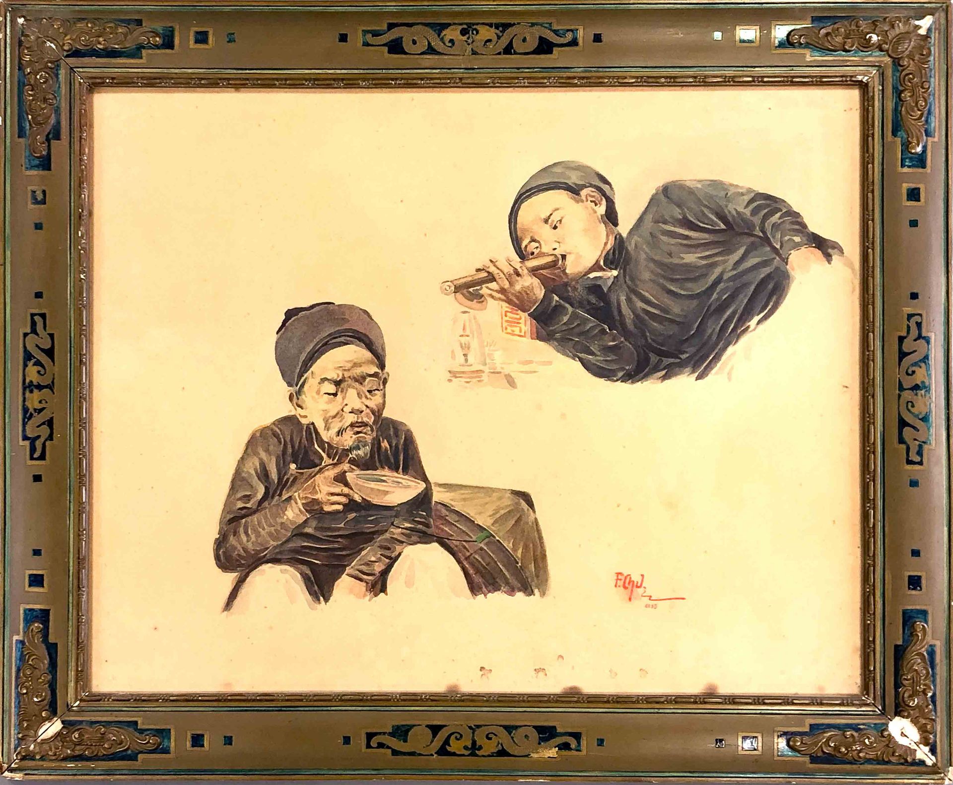 Null 20世纪的越南学校。吸食鸦片的人。那位老人。纸上水彩画。签名：F. CHU (?)，右下方编号：6135。38 x 47厘米（视图，未褪色）。48.5&hellip;
