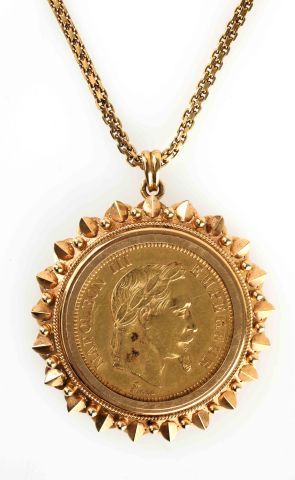Null 金质焊接的链条及其吊坠，中间有一枚100法郎的拿破仑三世硬币 - Bar - 1869 - 66,8 g