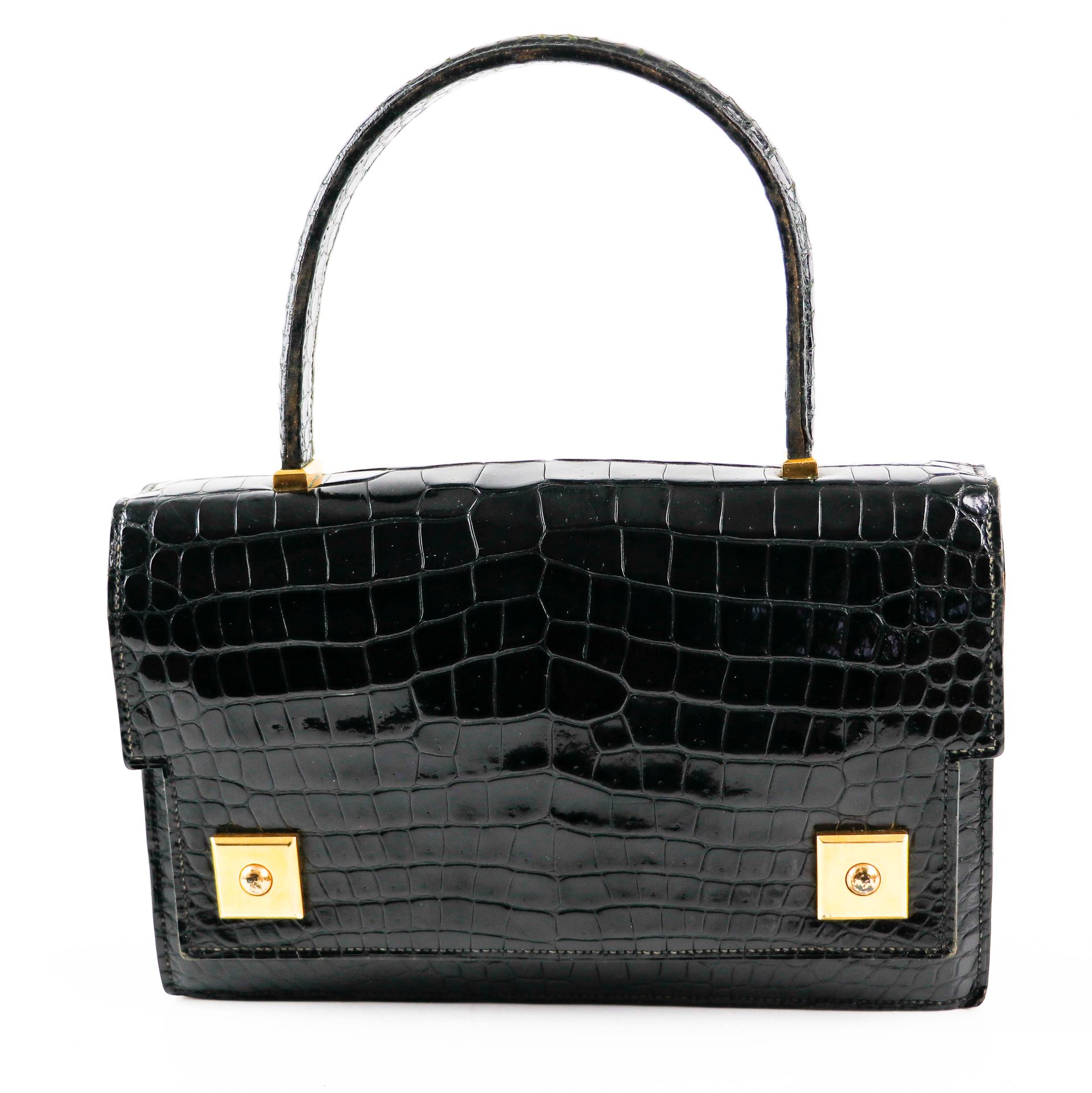 Null HERMES Paris. Piano" bag with two gussets in black crocodile - Gold plated &hellip;
