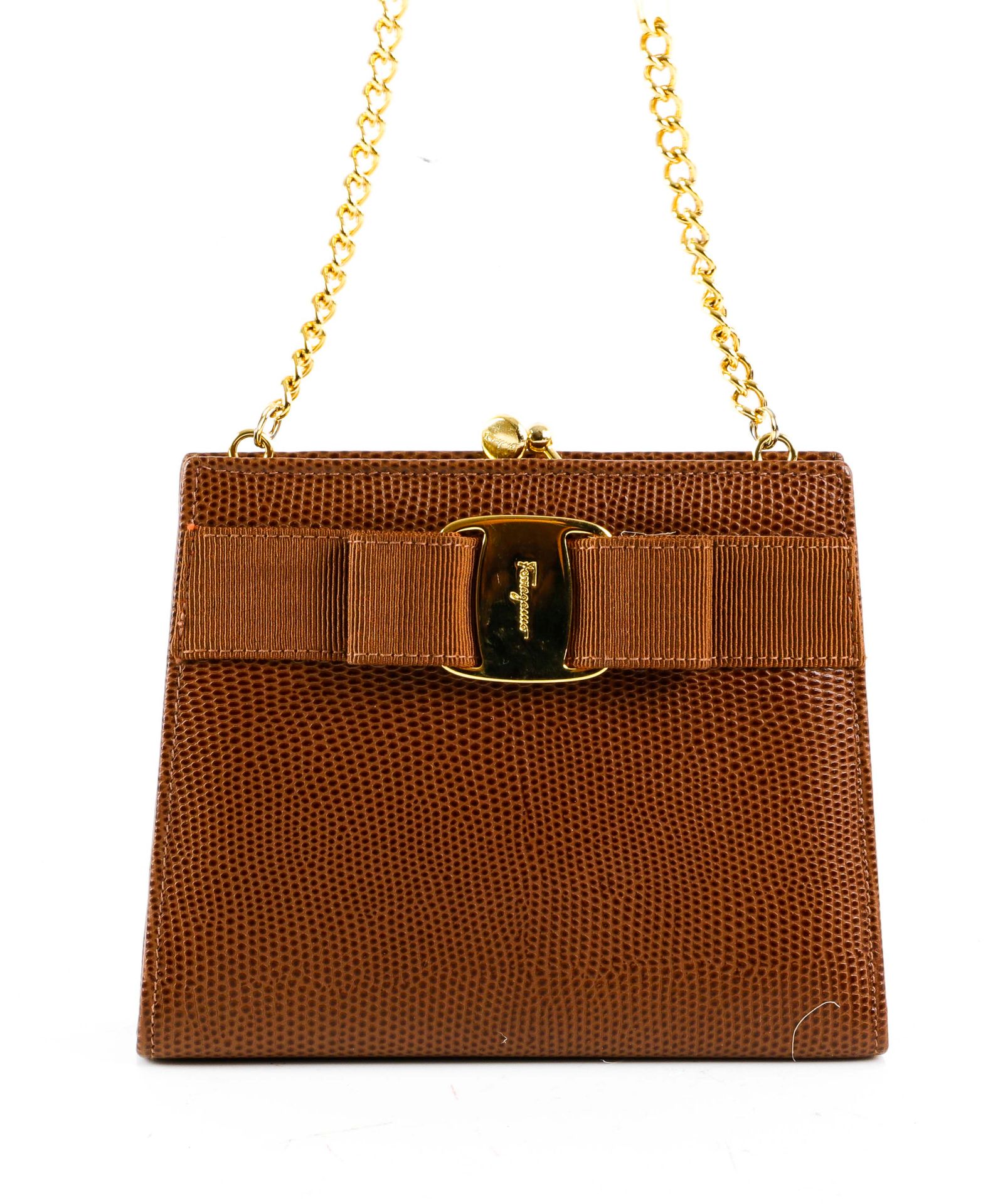 Null FERRAGAMO. Evening bag in lizard and chocolate canvas. Gold metal trim - Go&hellip;
