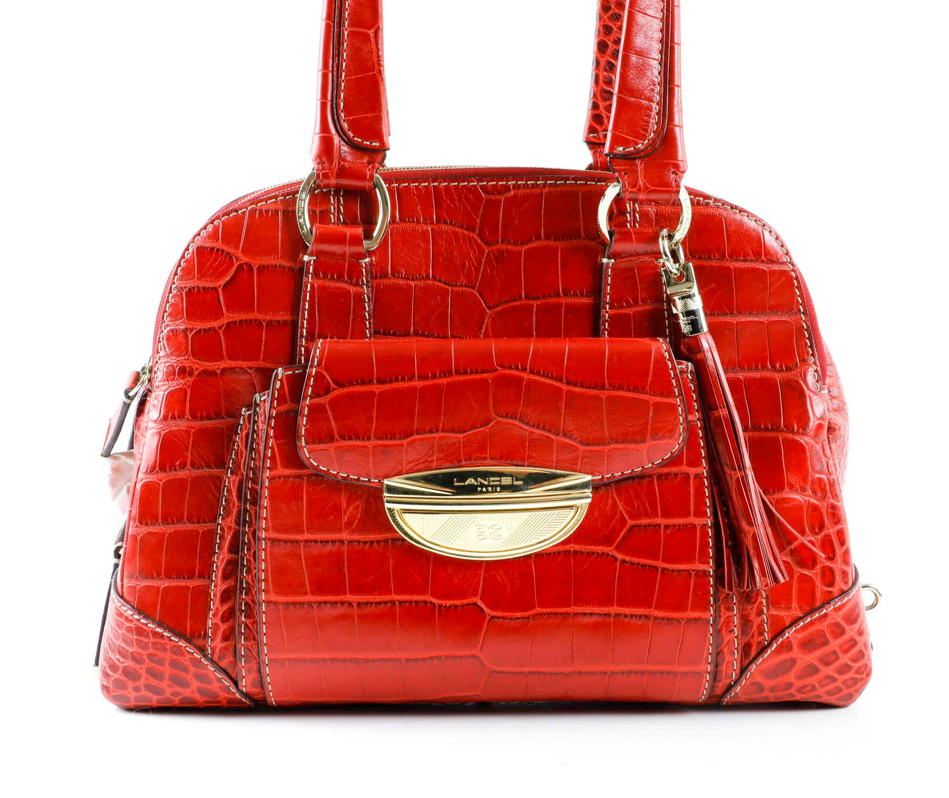 Null LANCEL. Tasche "Adjani" aus rotem Krokodilimitatleder. Drei Fächer mit Reiß&hellip;