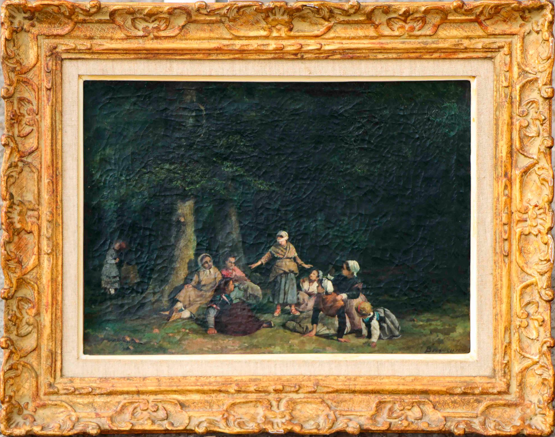 Artiste 何塞-贝尔加-博伊斯（1837-1914）。科林-马亚尔的游戏--1875年。布面油画，右下角有签名和日期 30 x 41 cm (褪色)