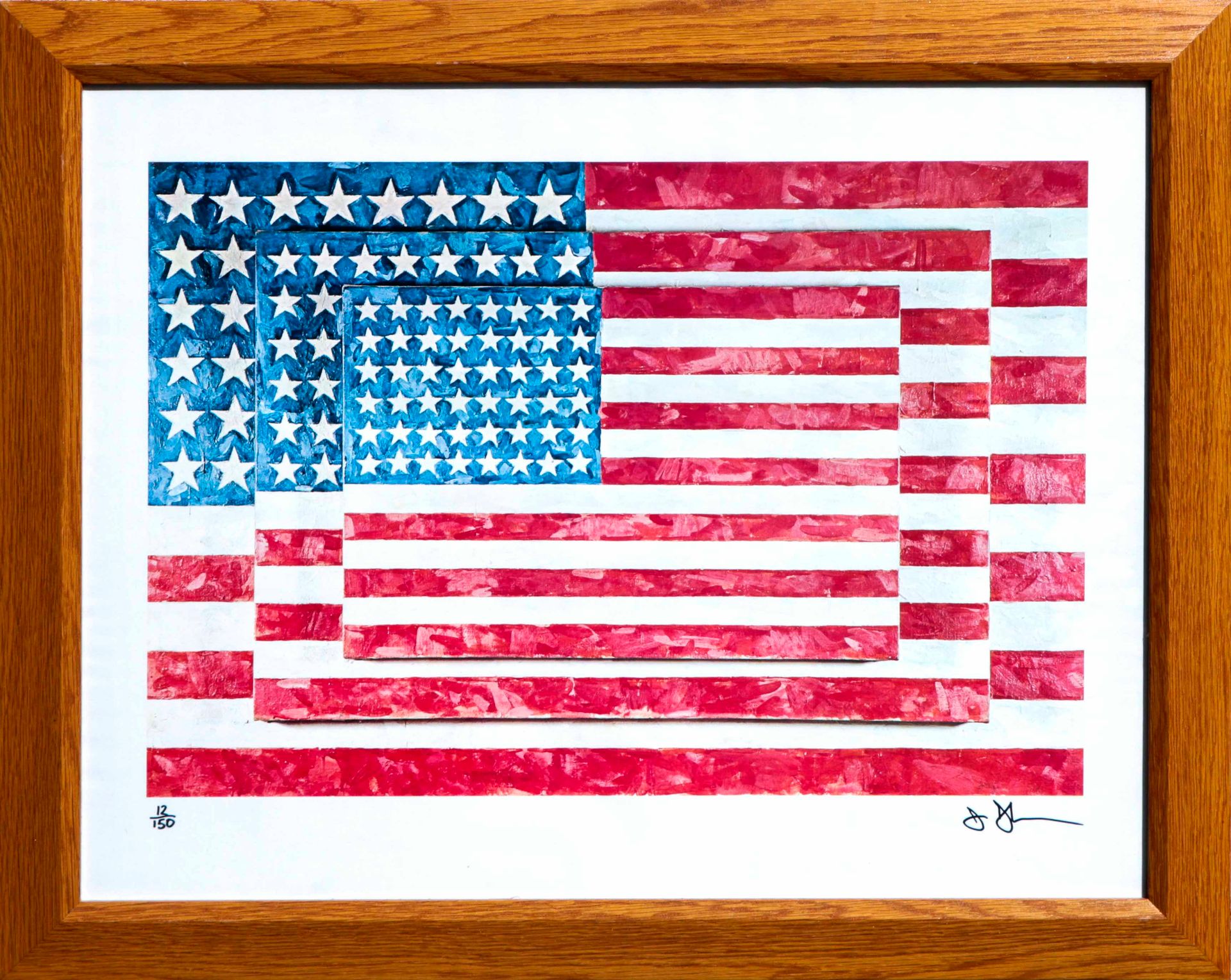 Artiste 贾斯帕-约翰斯（生于1930年）。三面旗帜。纸上彩色印刷品 右下角有编号 12/150 左下角 56 x 71 cm 注：我们的作品是1954年&hellip;