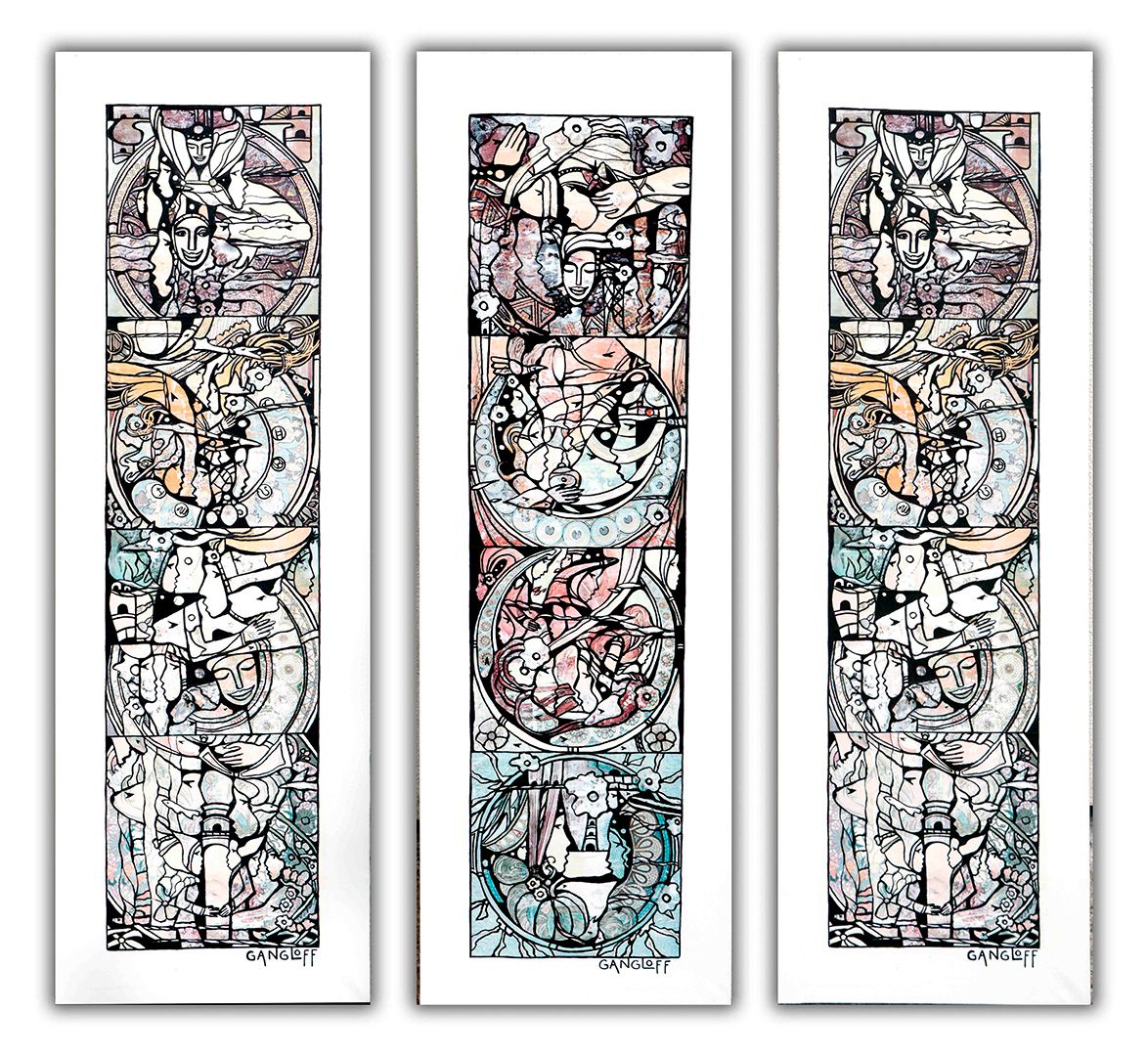 Artiste Jean GANGLOFF (生于1955年) 《无题三联画》 布面拼贴、印度墨水和丙烯，右下角有签名（每幅） 120 x 40 cm（每幅）。