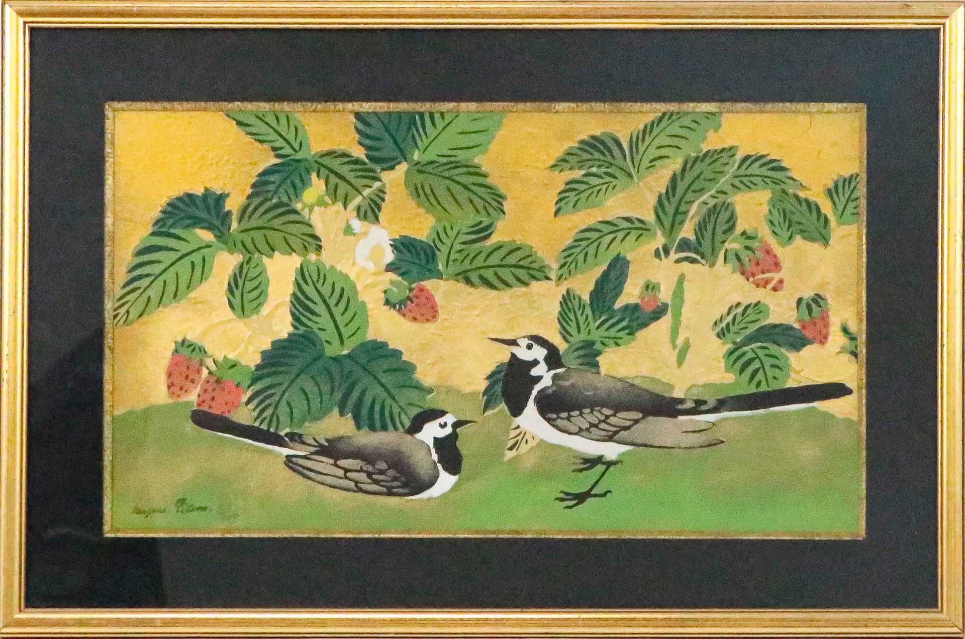 Null 
乔治-曼萨纳-皮萨罗（1871-1961）。草莓里的两条鹡鸰。水粉画（模板）和金色高光在纸上。左下角有签名和编号26/100 24 x 41,5 c&hellip;