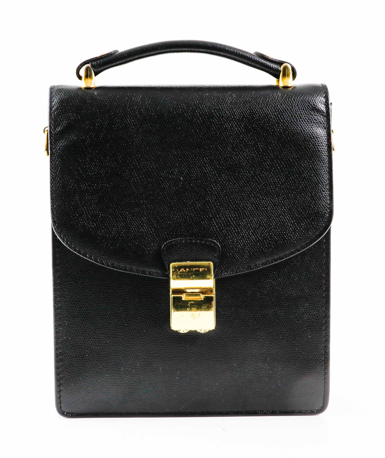 Null LANCEL. Black leather clutch. Handle. Gold metal trim.