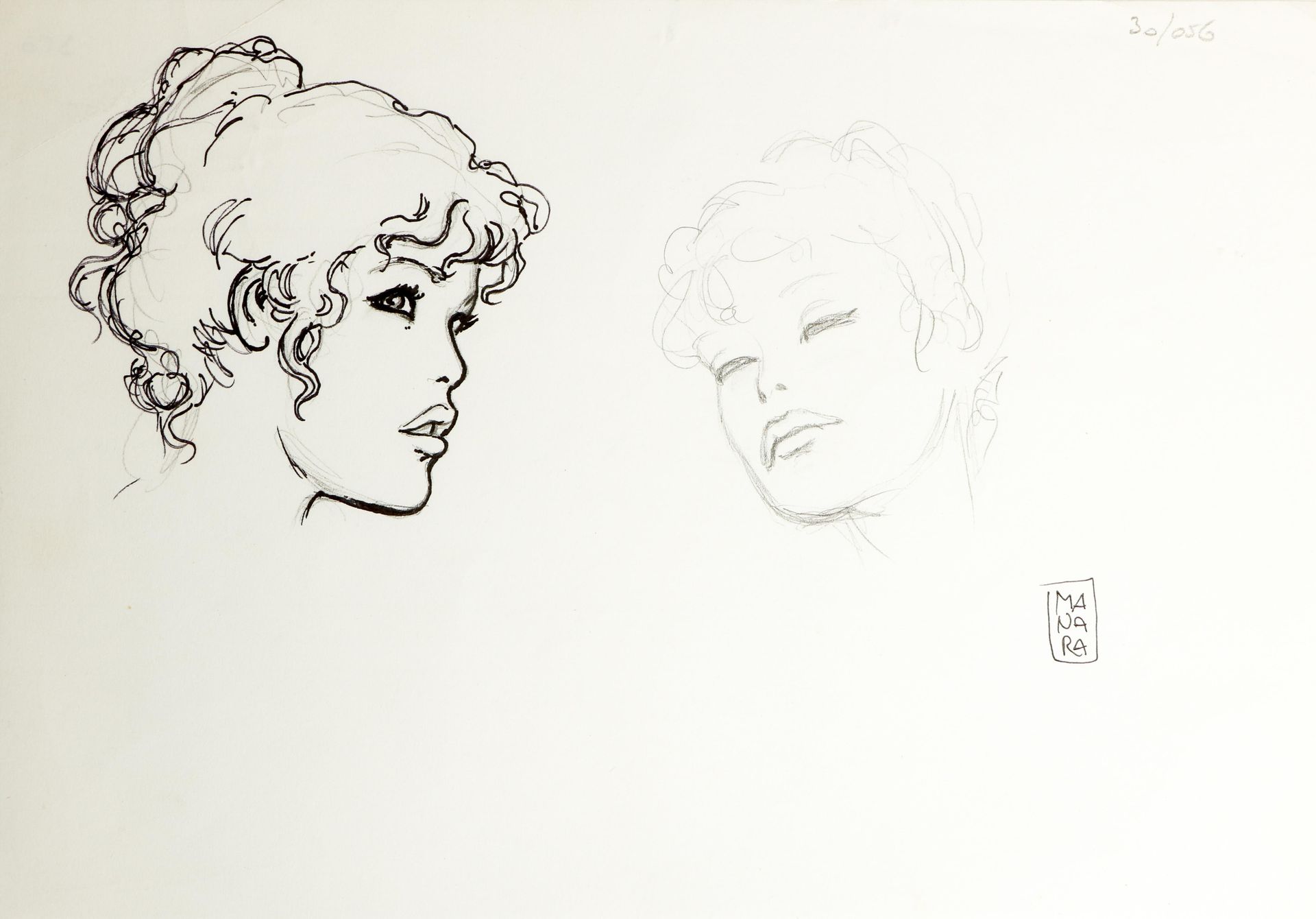 Null Milo MANARA (born in 1945). Heads of women. India ink and graphite on paper&hellip;