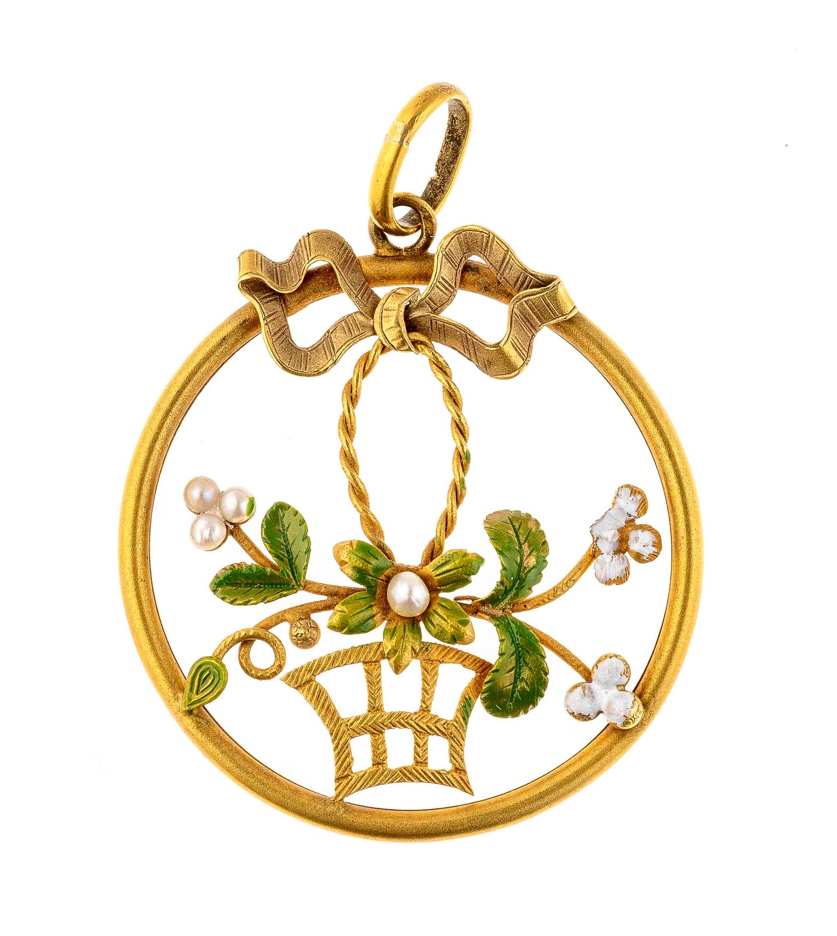 Null Gold pendant "flower basket" enamelled and enriched with pearls. Gross weig&hellip;