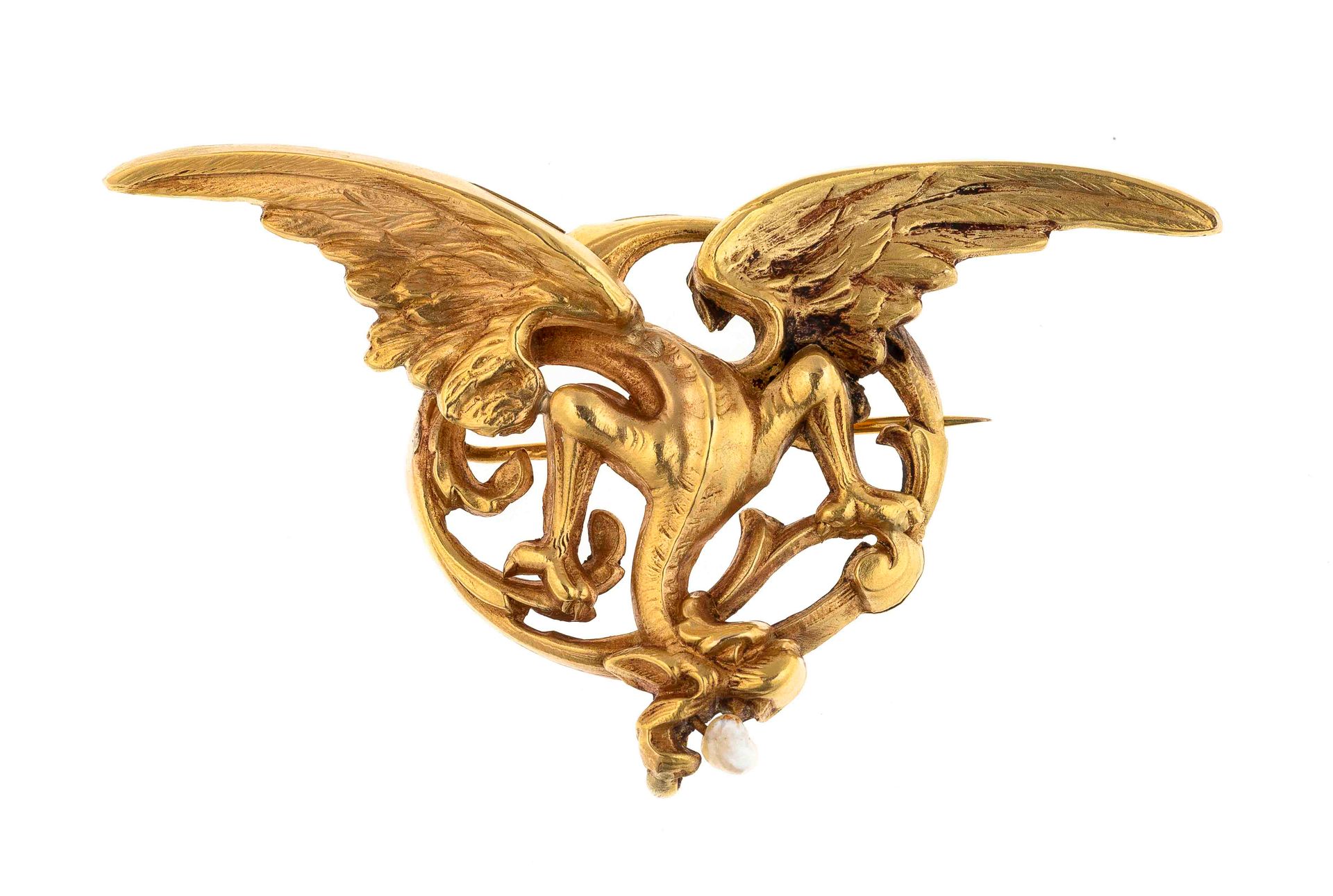Null Gold "Chimera" brooch holding a pearl. Gross weight : 4,2 g