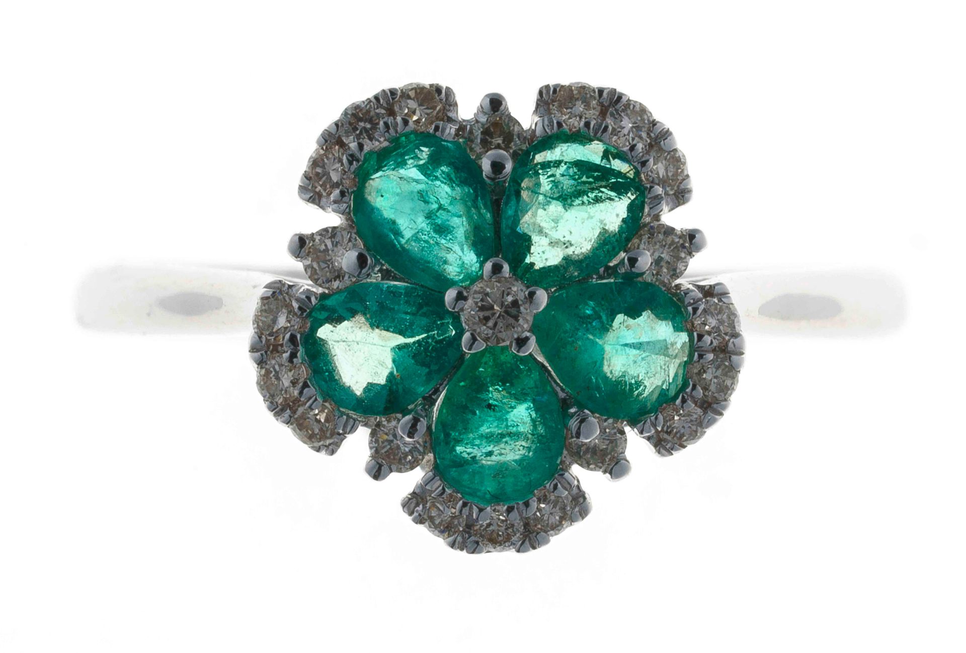 Null White gold flower ring set with 5 pear cut emeralds in a diamond setting - &hellip;