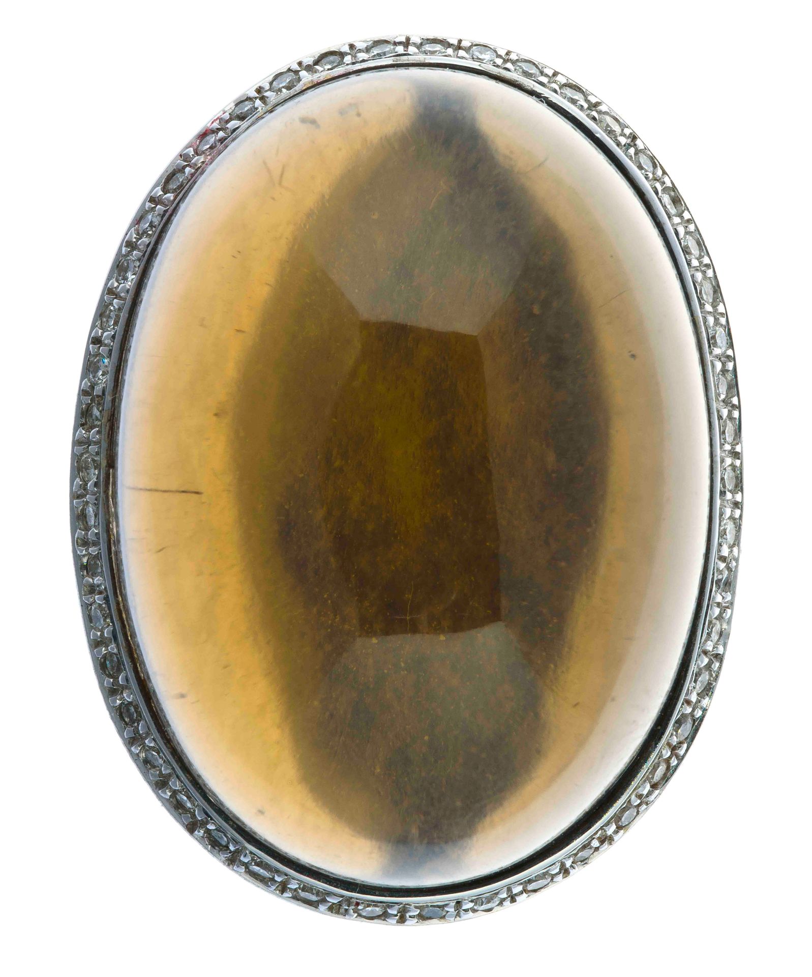 Null 凸圆形烟晶石镶嵌钻石的白金高级定制戒指 - 毛重：17.8克