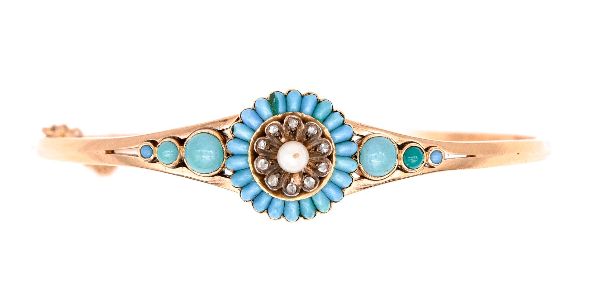 Null Gold bracelet centered on a stylized flower motif adorned with turquoise ca&hellip;