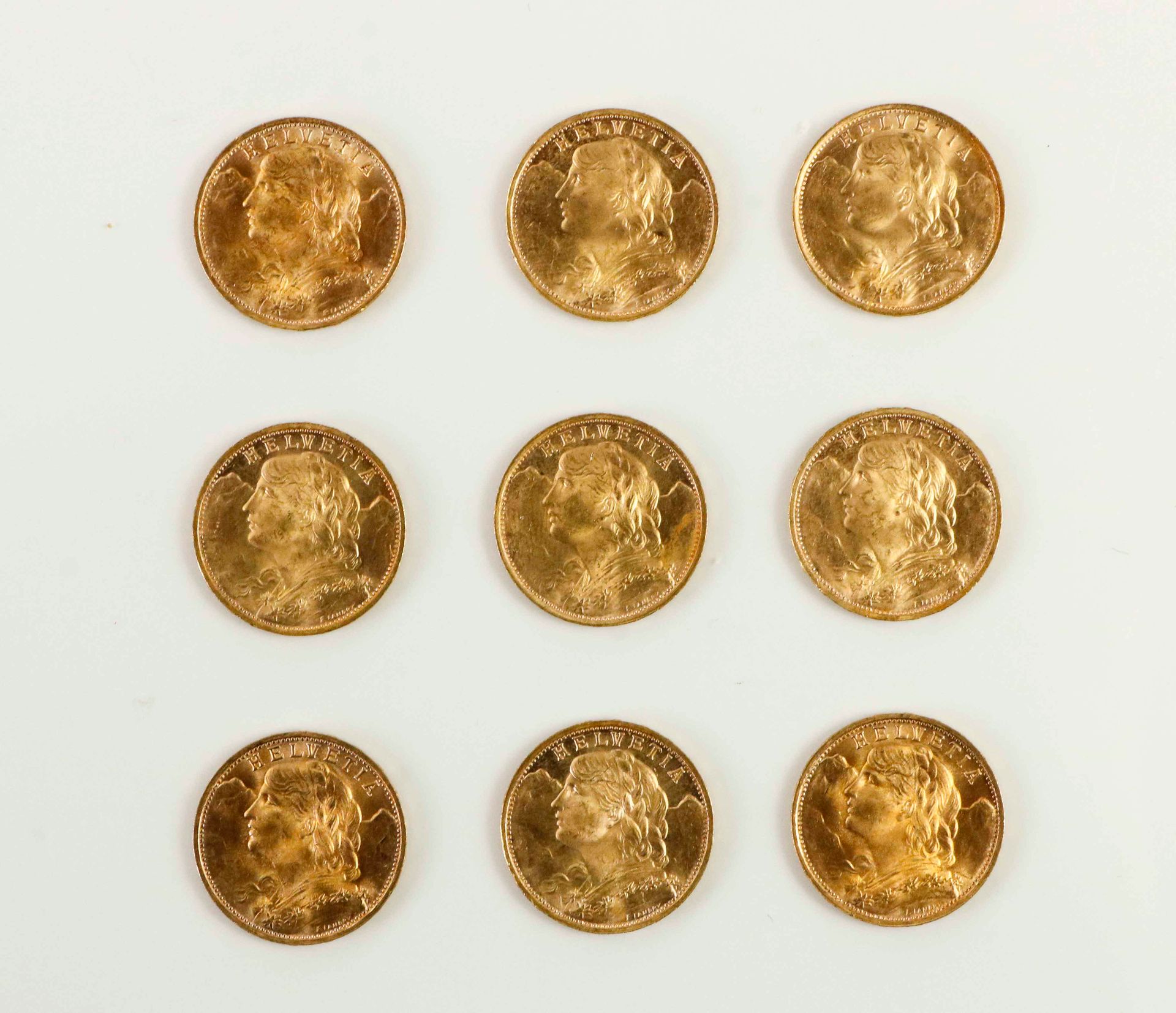 Null Lote de 9 monedas de oro de 20 francos suizos - 58,2 g