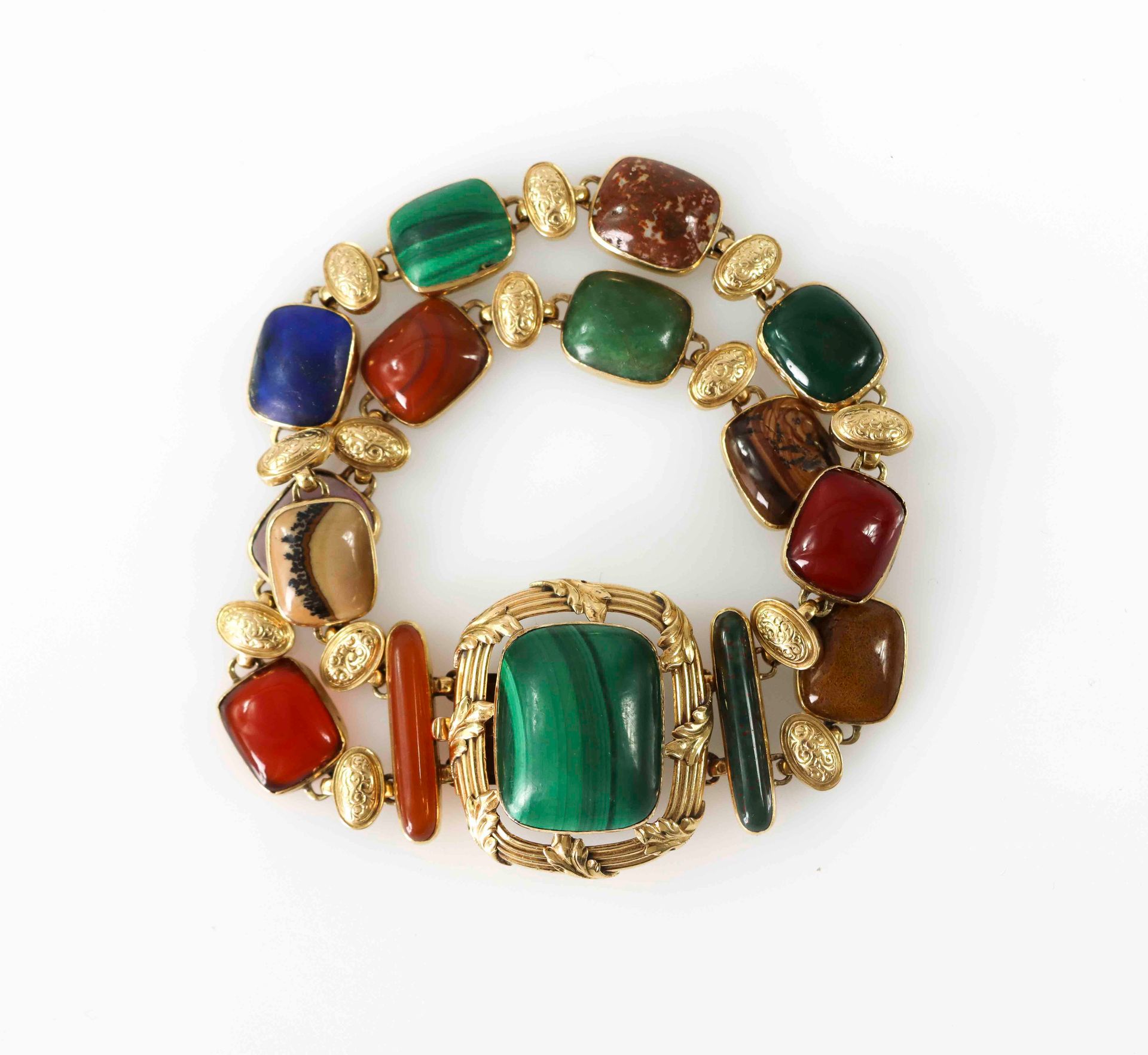 Null Gold bracelet with two rows decorated with cabochons of hard stones. Gross &hellip;