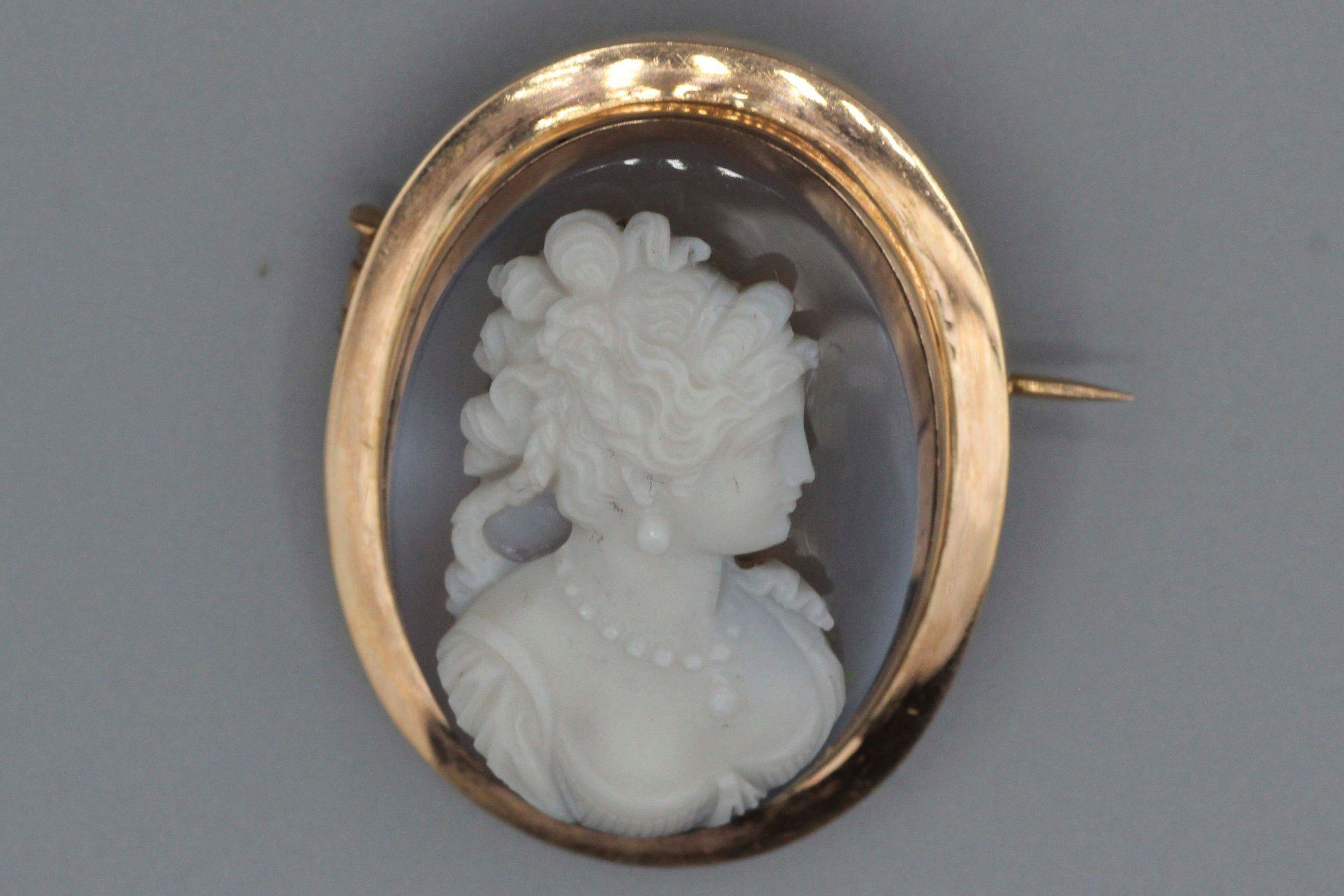 Null Gold brooch with a cameo on two-colored agate stylizing a female profile. G&hellip;