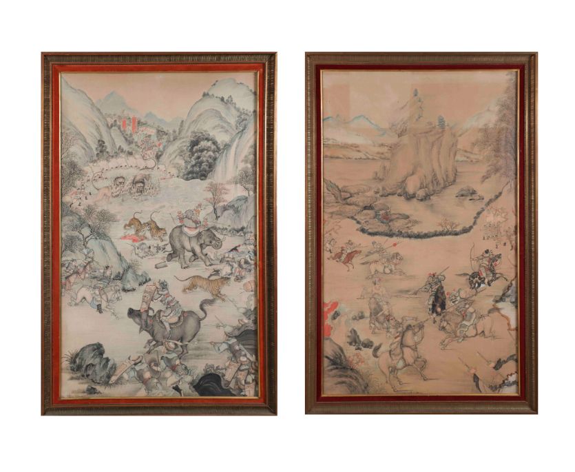 Null (2) 中国，清朝。一套两幅水墨彩色绢本画，描绘了湖光山色中的骑士和动物的神话狩猎场景。123 x 75 cm (每幅，未褪色)(湿润的污渍)