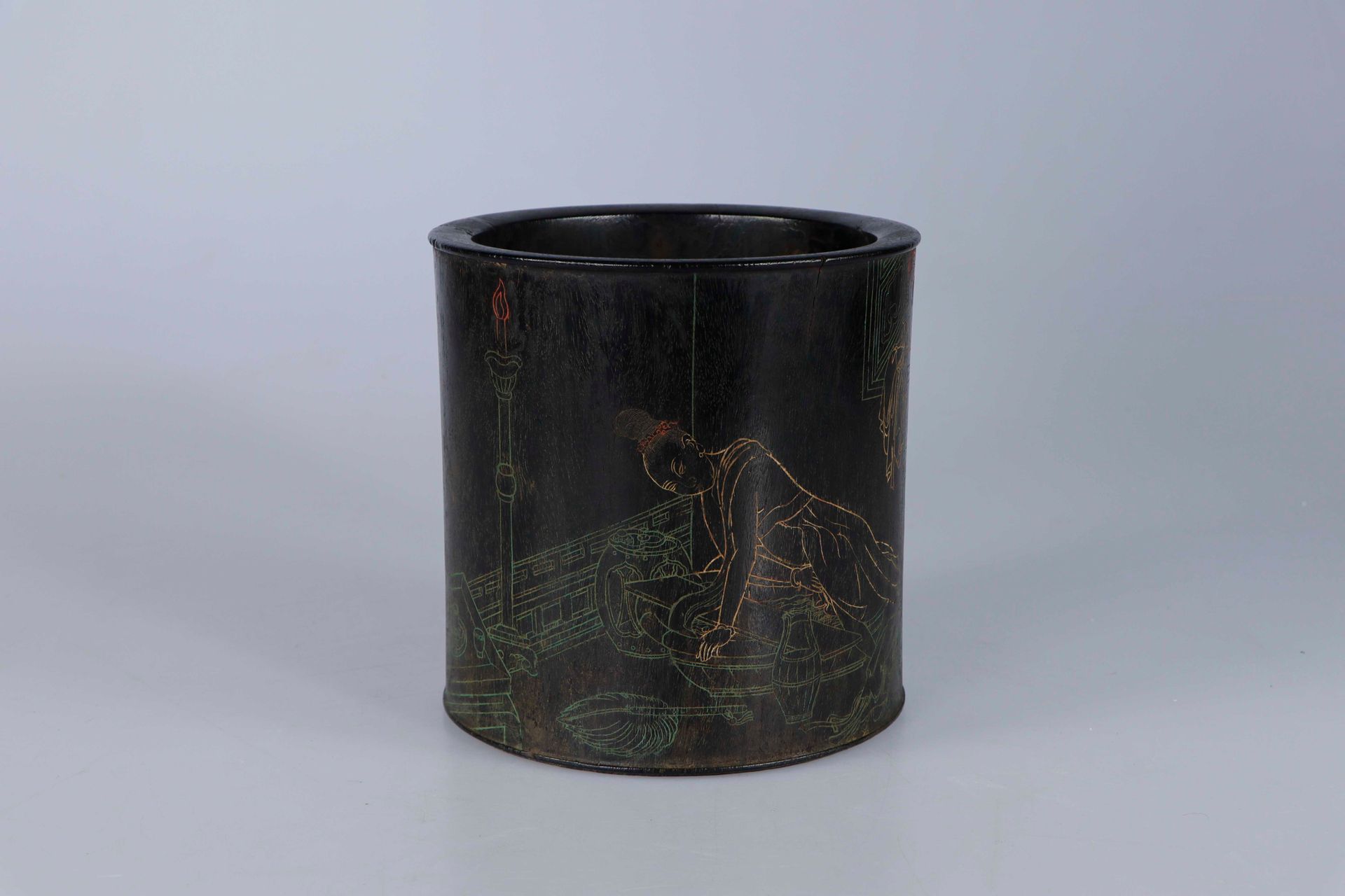 Null CHINA, Qing Dynasty. Bitong brush holder in engraved wood, possibly in zita&hellip;