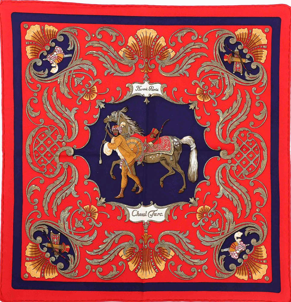 Null HERMES. Gavroche in printed silk titled "Turkish Horse". Red background
