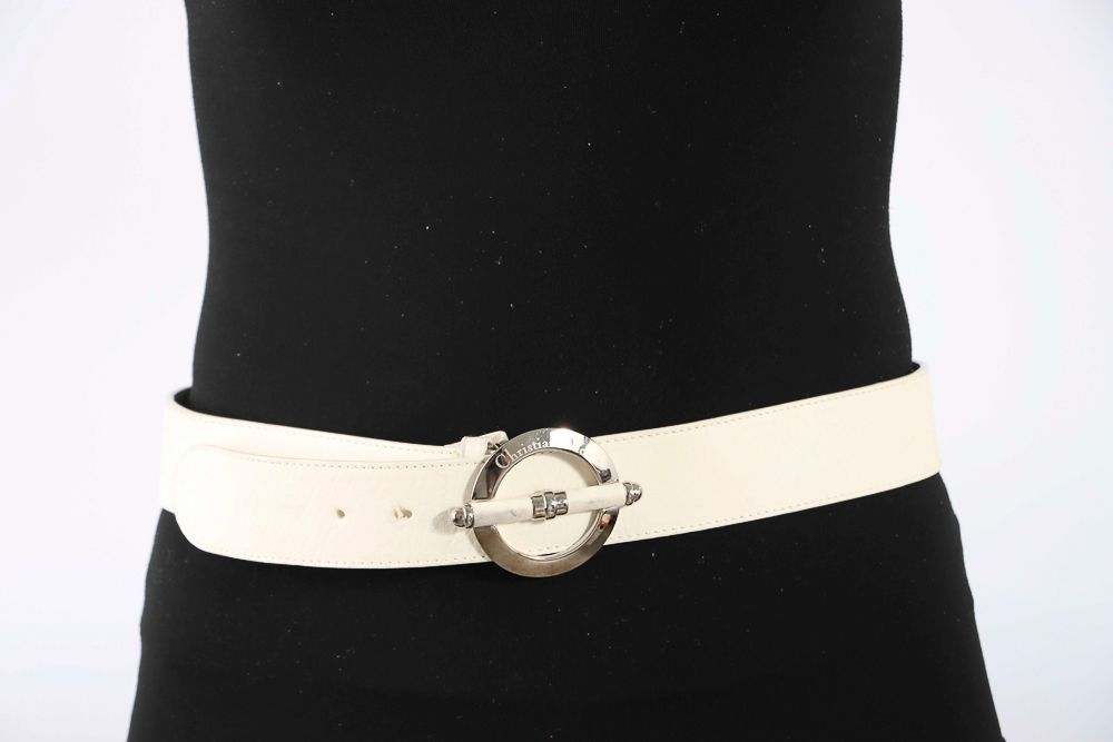 Null Christian DIOR - White leather and silver metal belt - Size 85