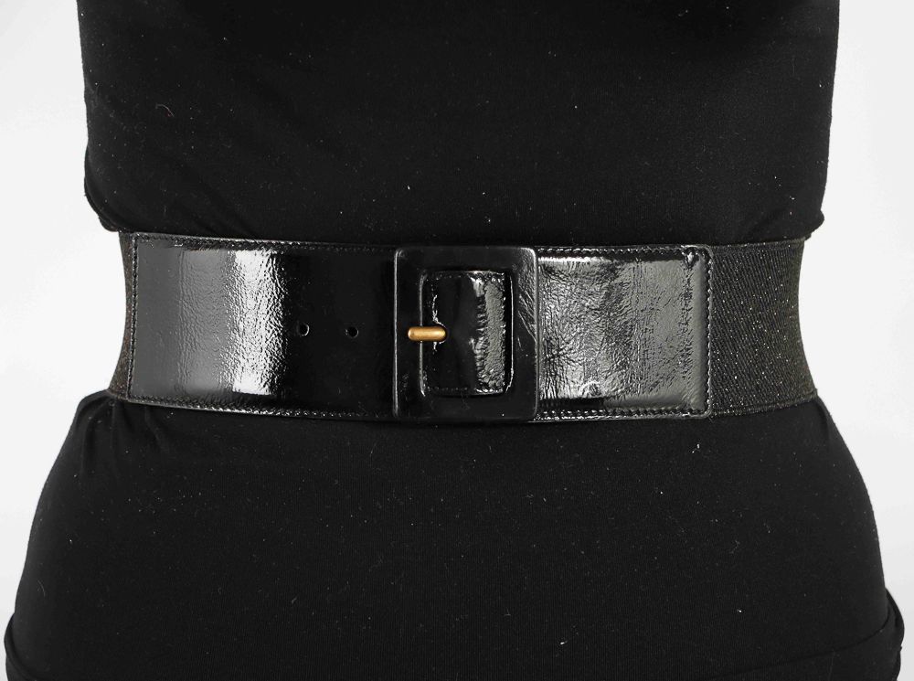 Null Yves St LAURENT - Ceinture en toile lamée et cuir verni - L : 70 cm