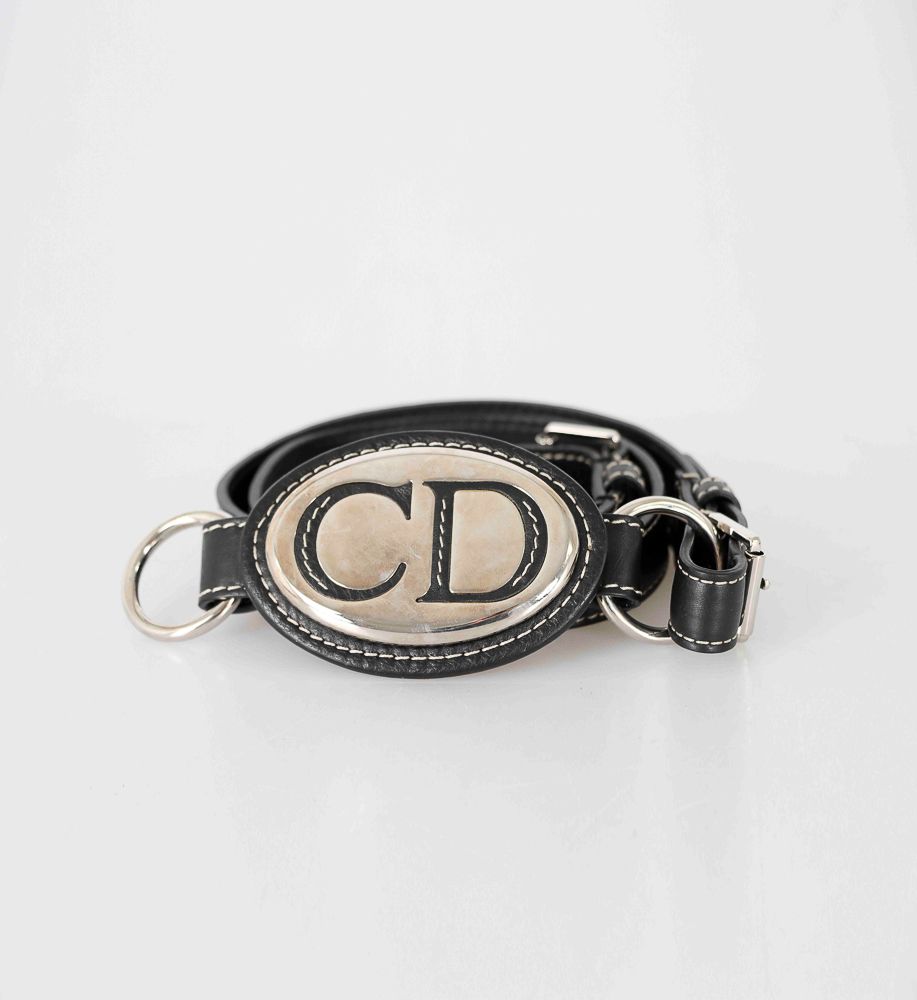 Null Christian DIOR - Black leather belt with white stitching and silver metal -&hellip;