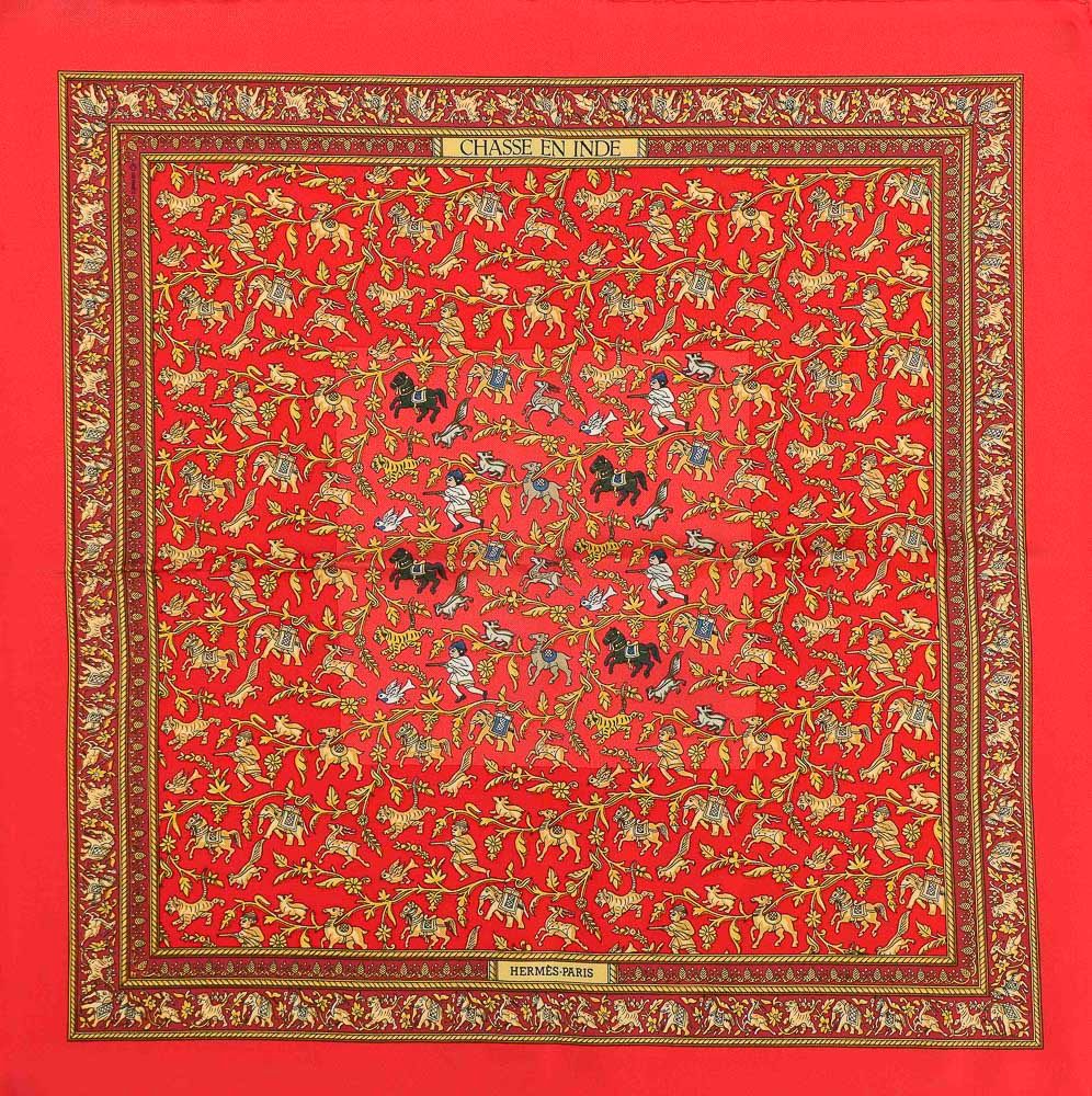 Null 爱马仕。题为 "在印度打猎 "的印刷丝绸加夫罗切。红色背景