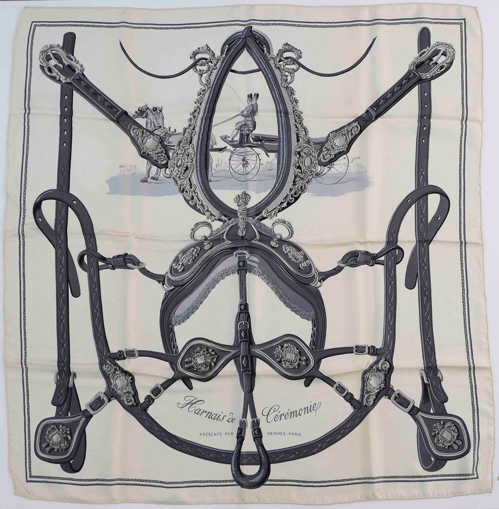 Null HERMES. Square in printed silk titled "Harness Ceremony". White background