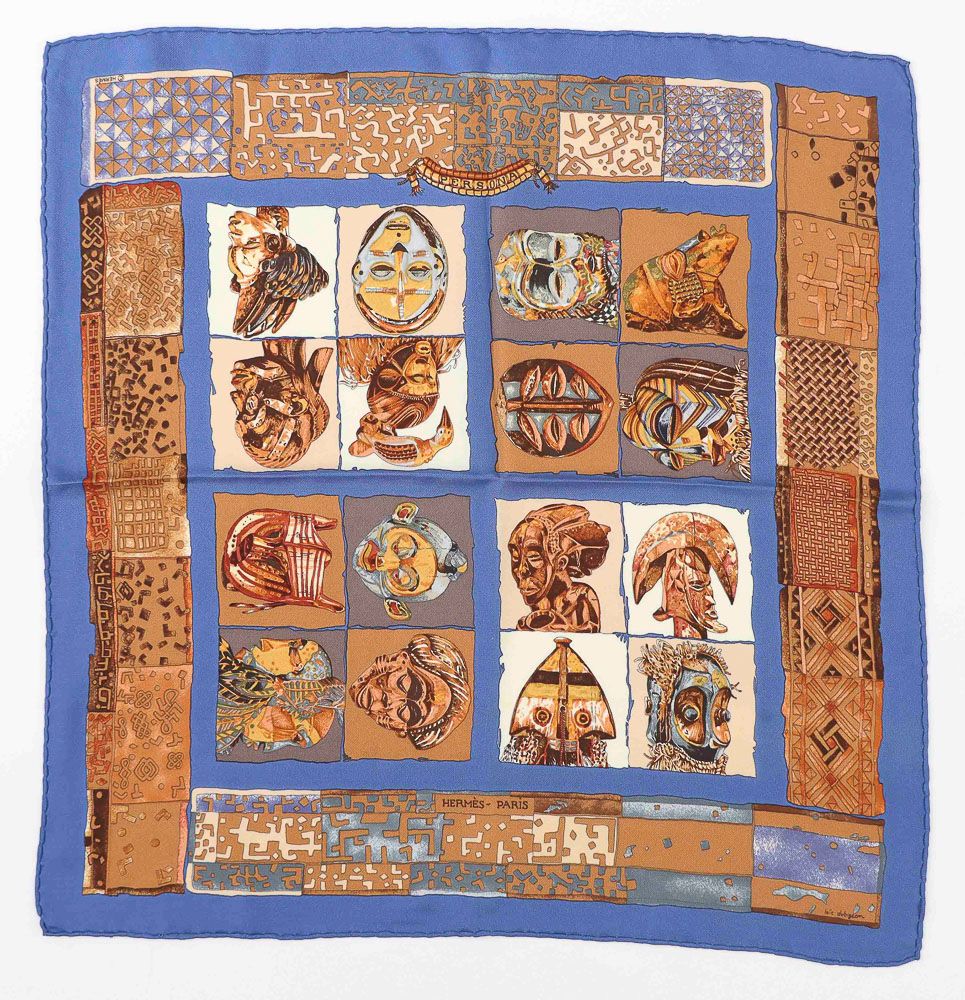 Null HERMES. Printed silk gavroche decorated with African masks. Blue border
