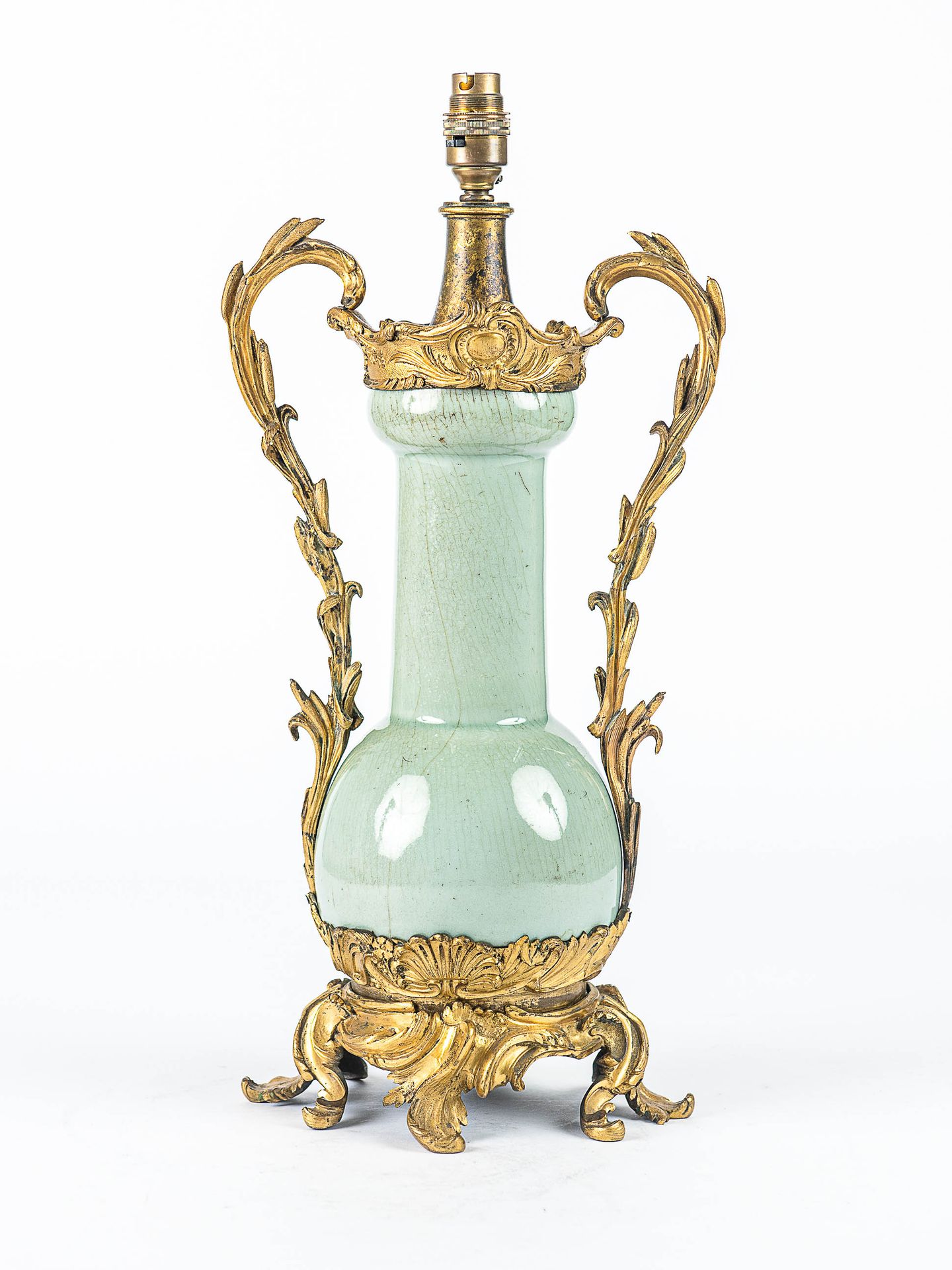 Null Celadon-glazed porcelain vase, globular body and long, straight neck, bulgi&hellip;