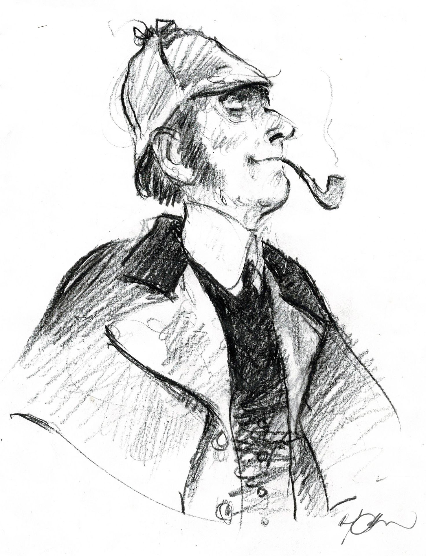 René FOLLET 
Sherlock Holmes, original charcoal drawing. Size : 26 cm x 19 cm.