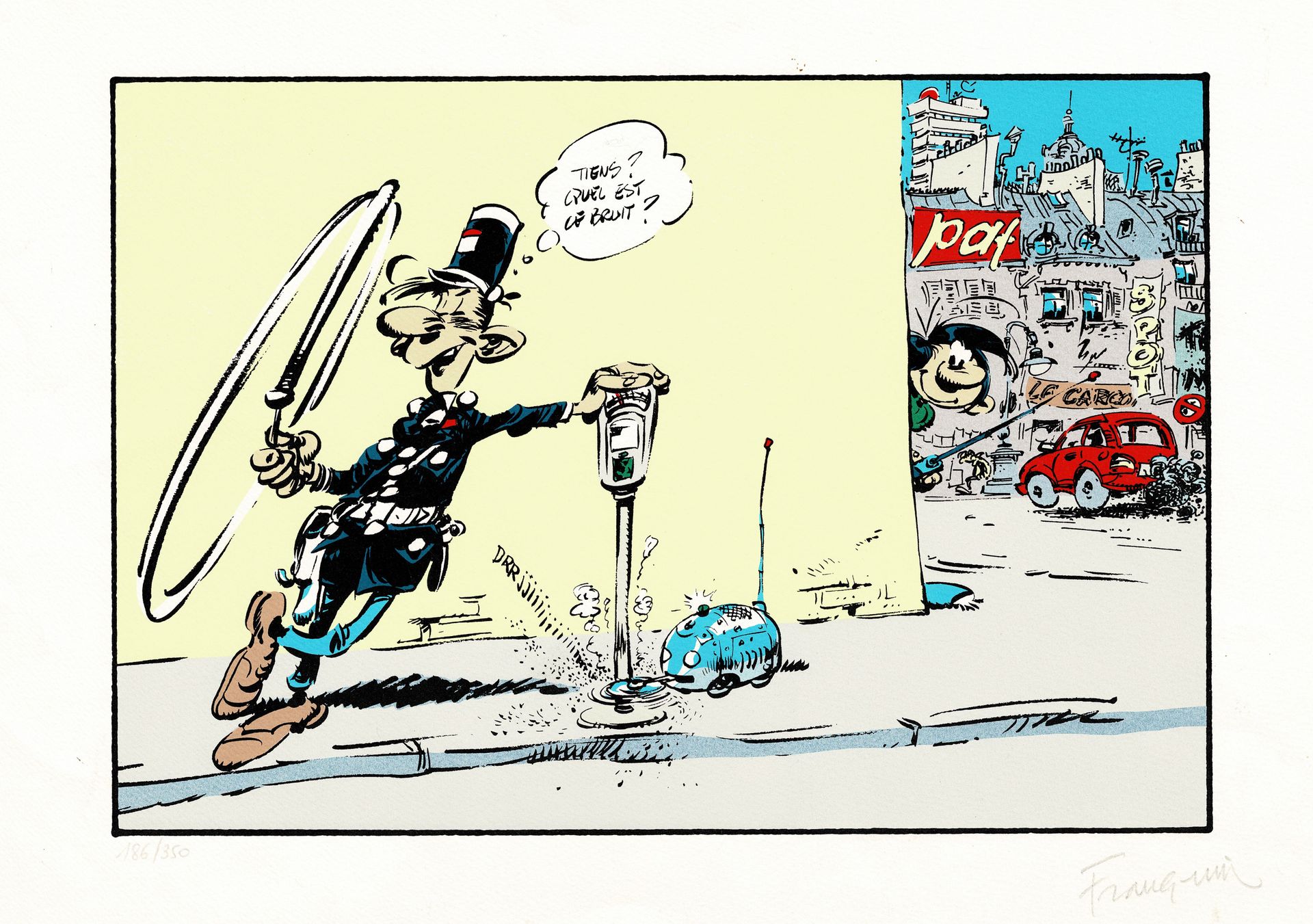André FRANQUIN 
Serigraphy Gaston Lagaffe, Longtarin and the parking meter limit&hellip;