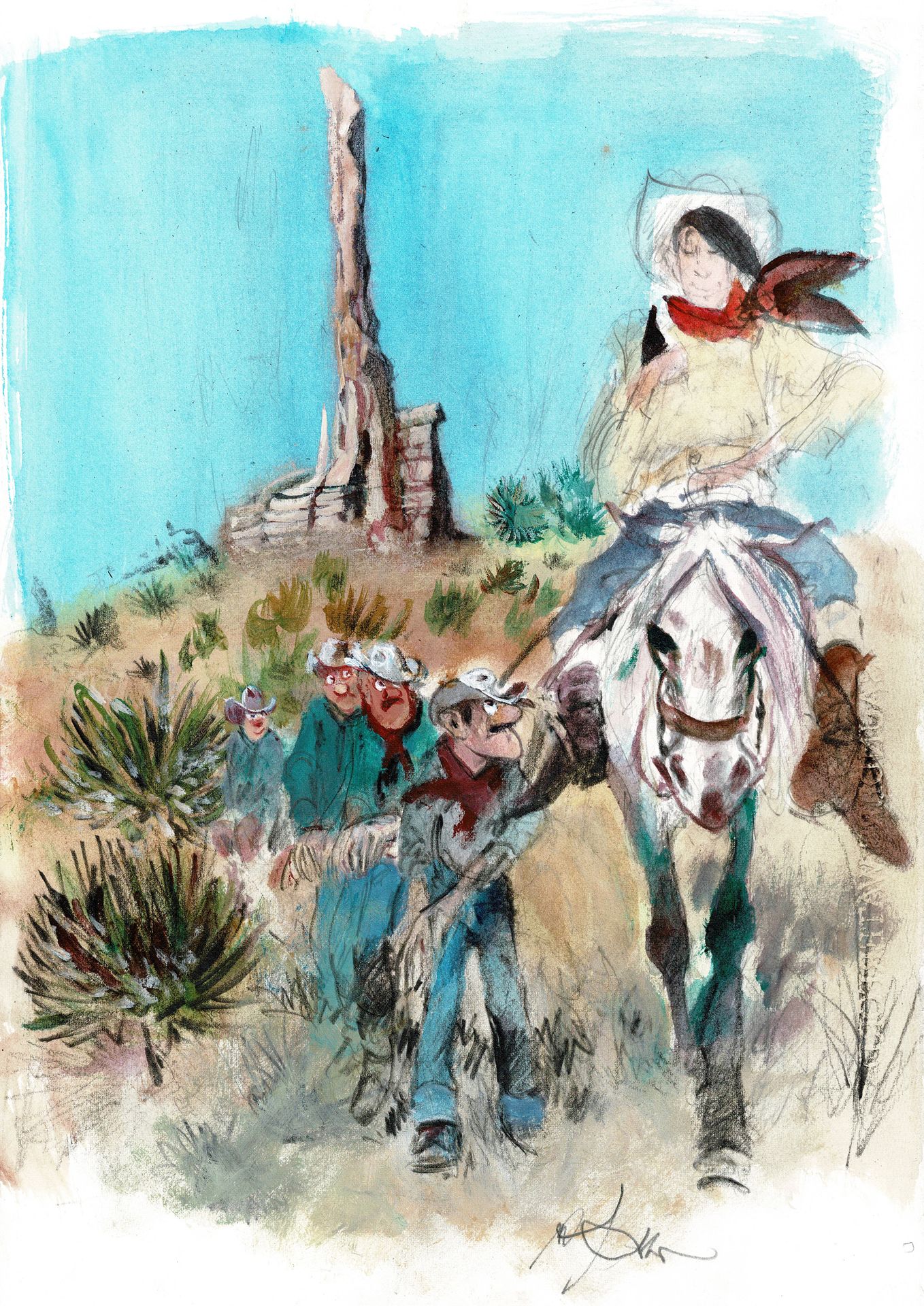 René FOLLET 
Lucky Luke et les Dalton, dessin original grand format à l'aquarell&hellip;