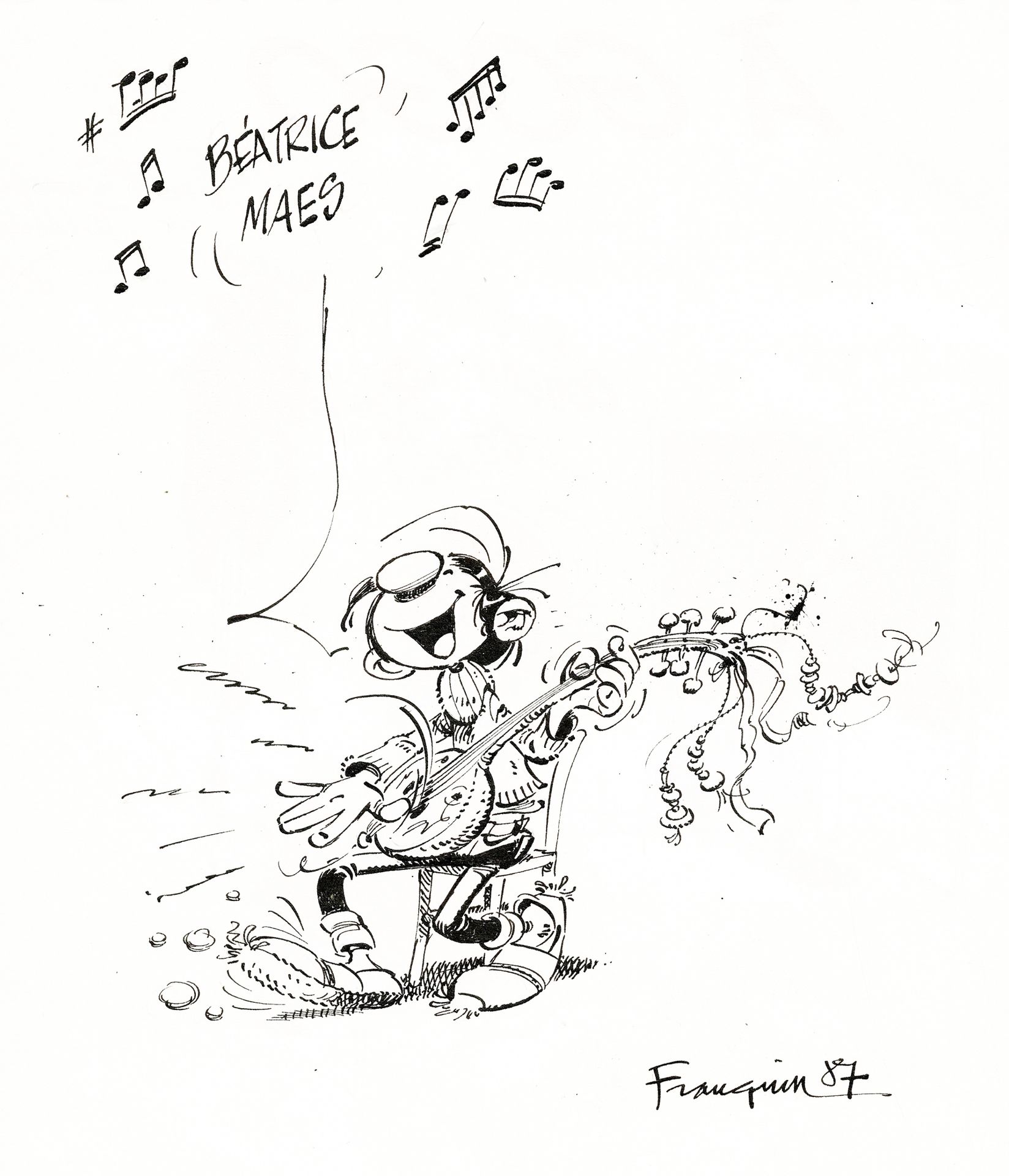 André FRANQUIN 
Gaston Lagaffe演奏的小夜曲，1987年制作的钢笔和墨水原画，已签名。尺寸：19.5厘米 x 18.5厘米。