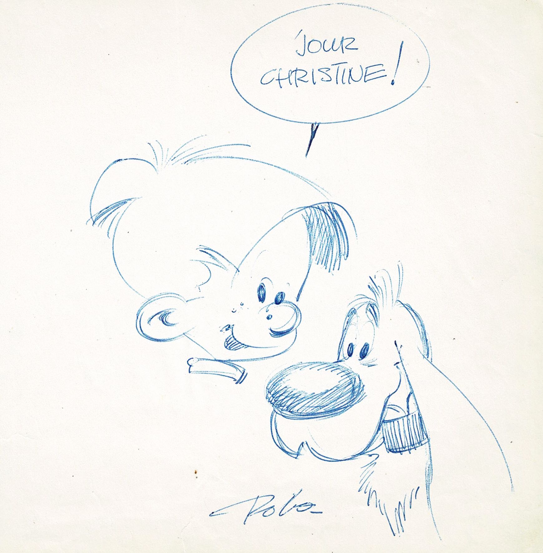 ROBA 
Boule et Bill，1963年在一个诗歌笔记本上用双色笔写的奉献。尺寸：15.5厘米×15.5厘米。