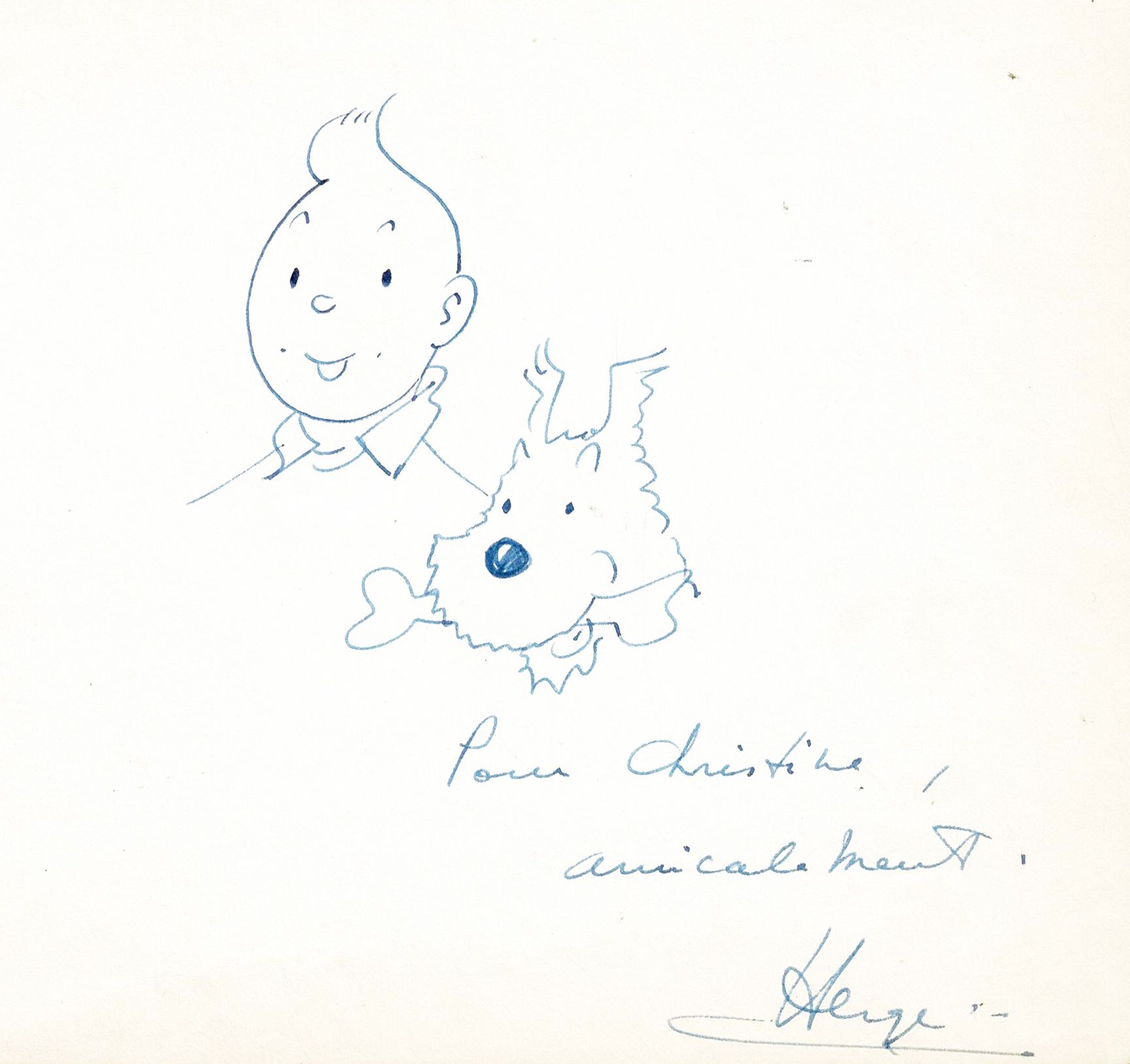 HERGÉ 
Tintin and Snowy, dedication in blue ink made in 1963 in a poetry booklet&hellip;