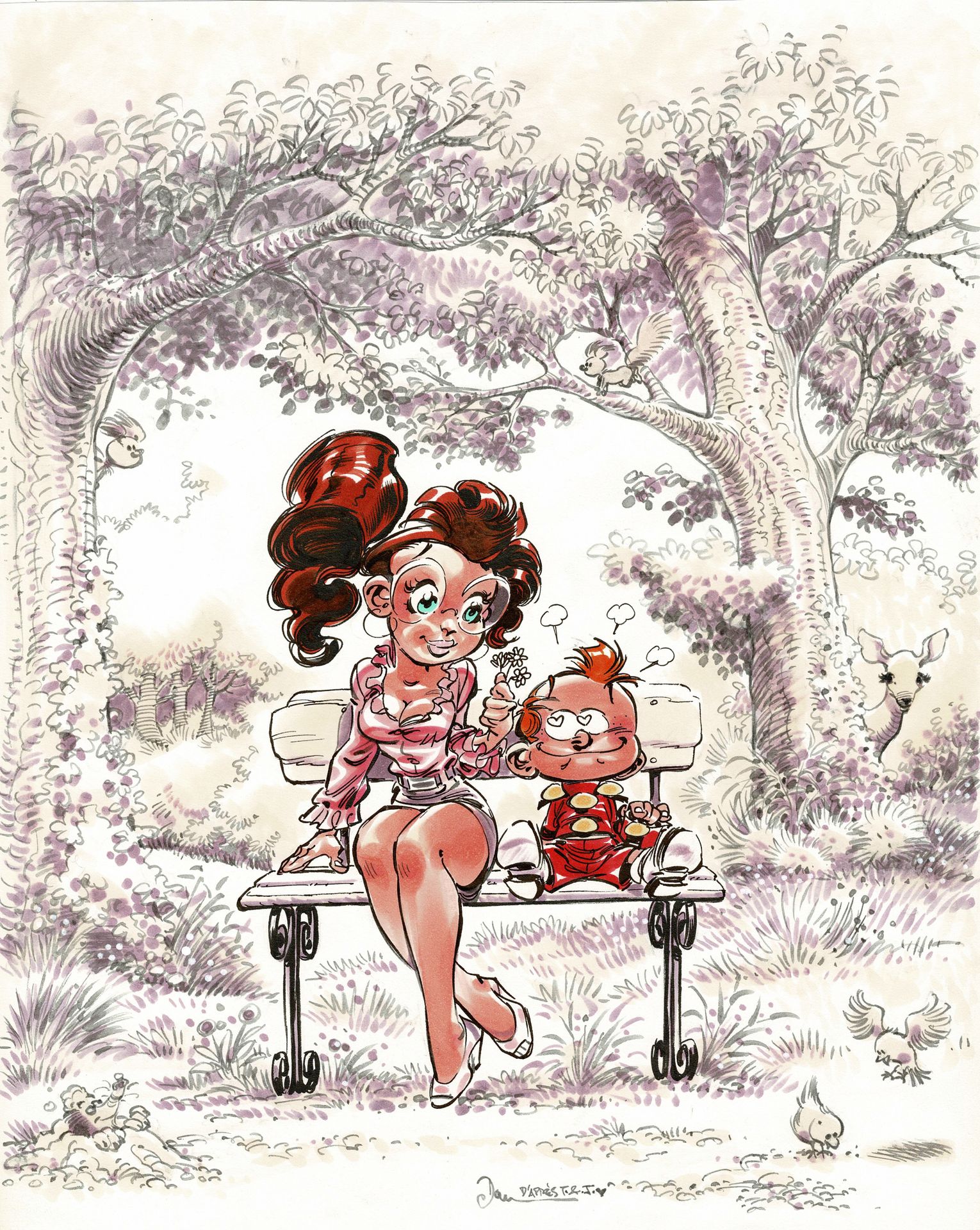 Dan Verlinden Le Petit Spirou et Mademoiselle Chiffre, dessin original à l'encre&hellip;